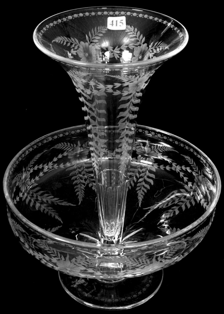 14" X 10 3/4" SIGNED SINCLAIRE AMERICAN BRILLIANT: 14" X 10 3/4" SIGNED SINCLAIRE AMERICAN BRILLIANT CUT GLASS PEDESTAL EPERGNE ENGRAVING PATTERN #8 FEATURING FLORAL GARLAND MOTIF - VERY RARE TWO PART EPERGNE
