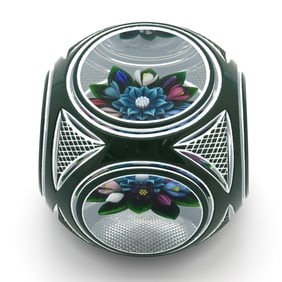 Paperweight, Cube Form, Green & White Cutback Overlay