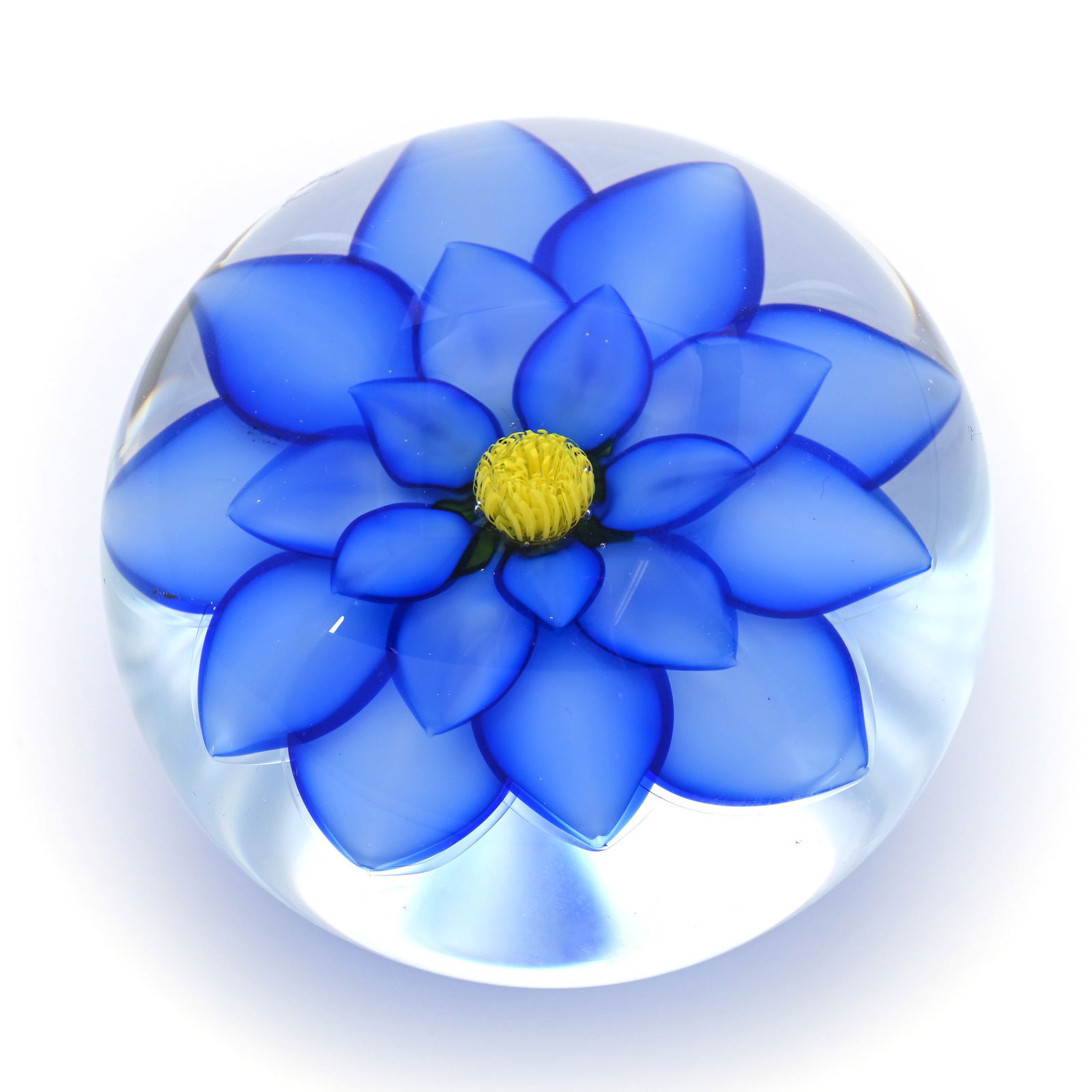 Paperweight, Studio: Paperweight, Studio, 3"/78mm, Blue Floral Blossom With Yellow Center, Attributed To Randall Grubb With Signature Cane, 570 Grams, Willa (Billie) Harrington Collection. UPDATED 6-17-24: Additional Attr