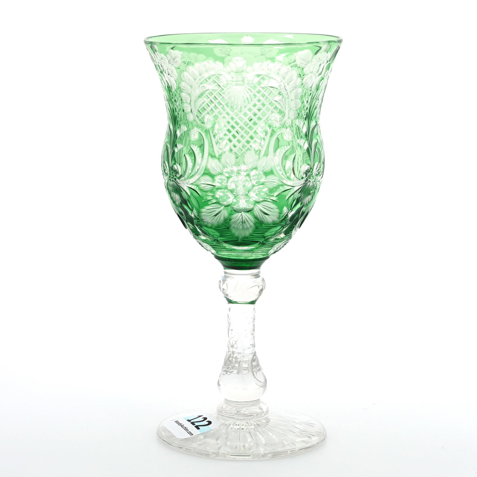 Wine Stem, BPCG, Green Cut To Clear: Wine Stem, BPCG, Green Cut To Clear, 5.75" x 2.75", Finely Engraved Floral And Rococo Design, Pattern Engraved Stem, Ray Cut Foot, Attributed To Stevens & Williams, Willa (Billie) Harrington Collectio