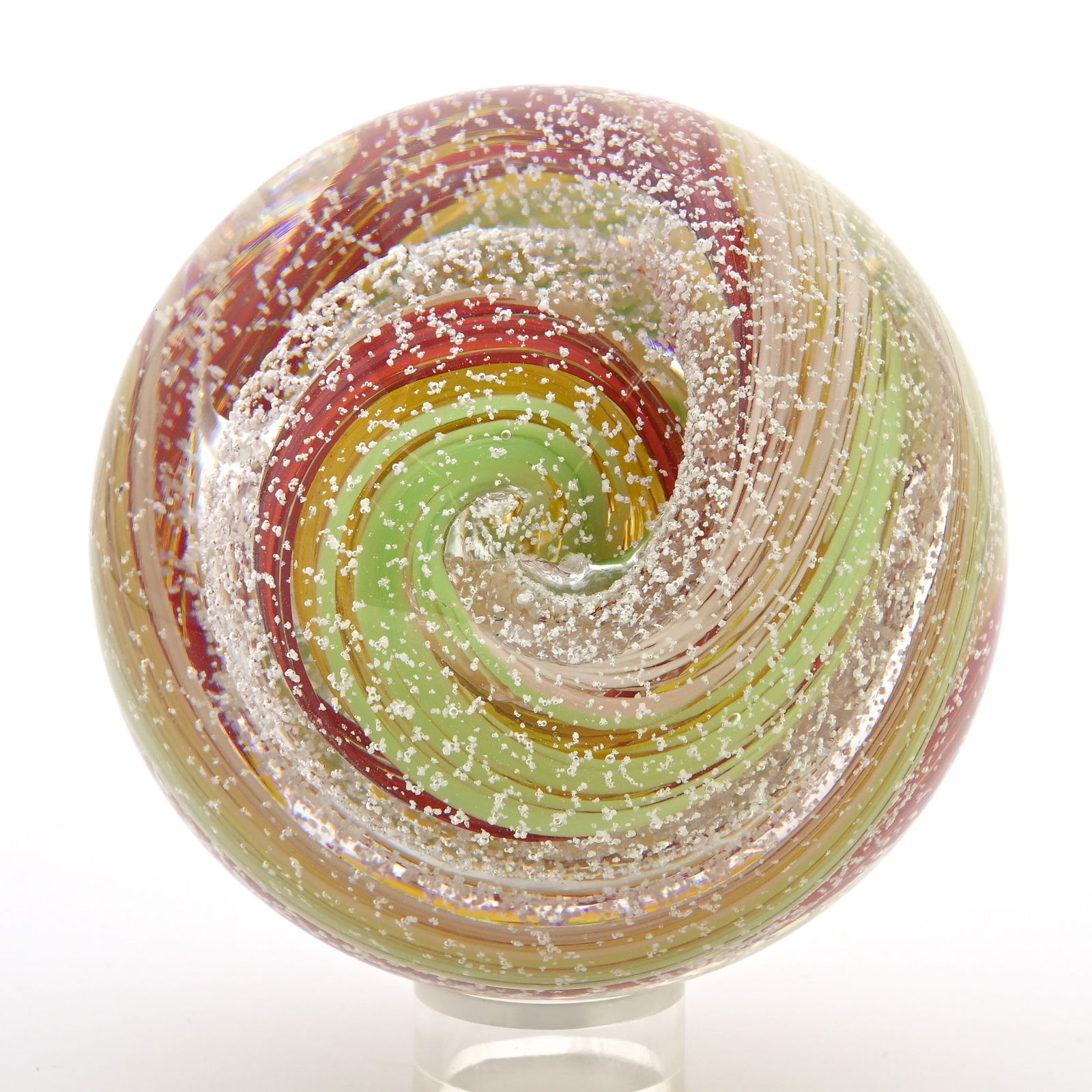 Paperweight, Studio: Paperweight, Studio, 3.3"/83mm, Magnum, Unidentified Weight, Internal Green And Red Swirl Design With Controlled Bubble Highlights, 860 Grams, Willa (Billie) Harrington Collection.