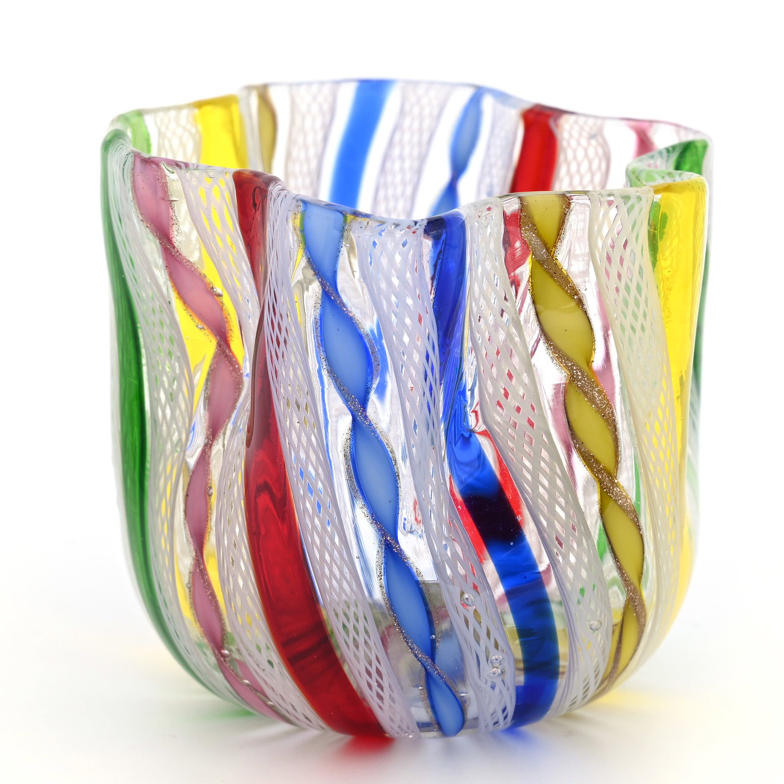 Vase, Handkerchief Shaped Art Glass: Vase, Handkerchief Shaped Art Glass, 2.5" x 3", Italian Murano Colorful Latticinio Ribbon Design, Willa (Billie) Harrington Collection.