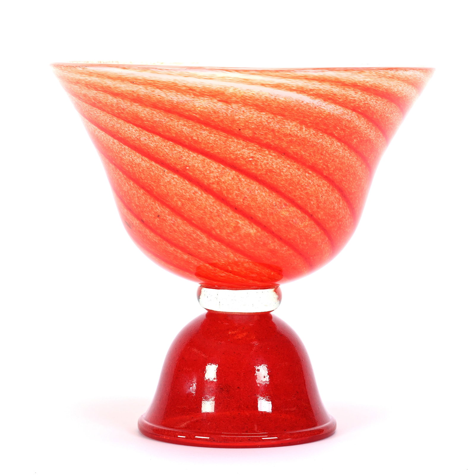 Pedestal Bowl, Art Glass, Signed: Pedestal Bowl, Art Glass, Signed, 8.25" x 8.5", Signature Appears To Be "Tom Stroker", Orange Mottled Swirl Design, Willa (Billie) Harrington Collection.