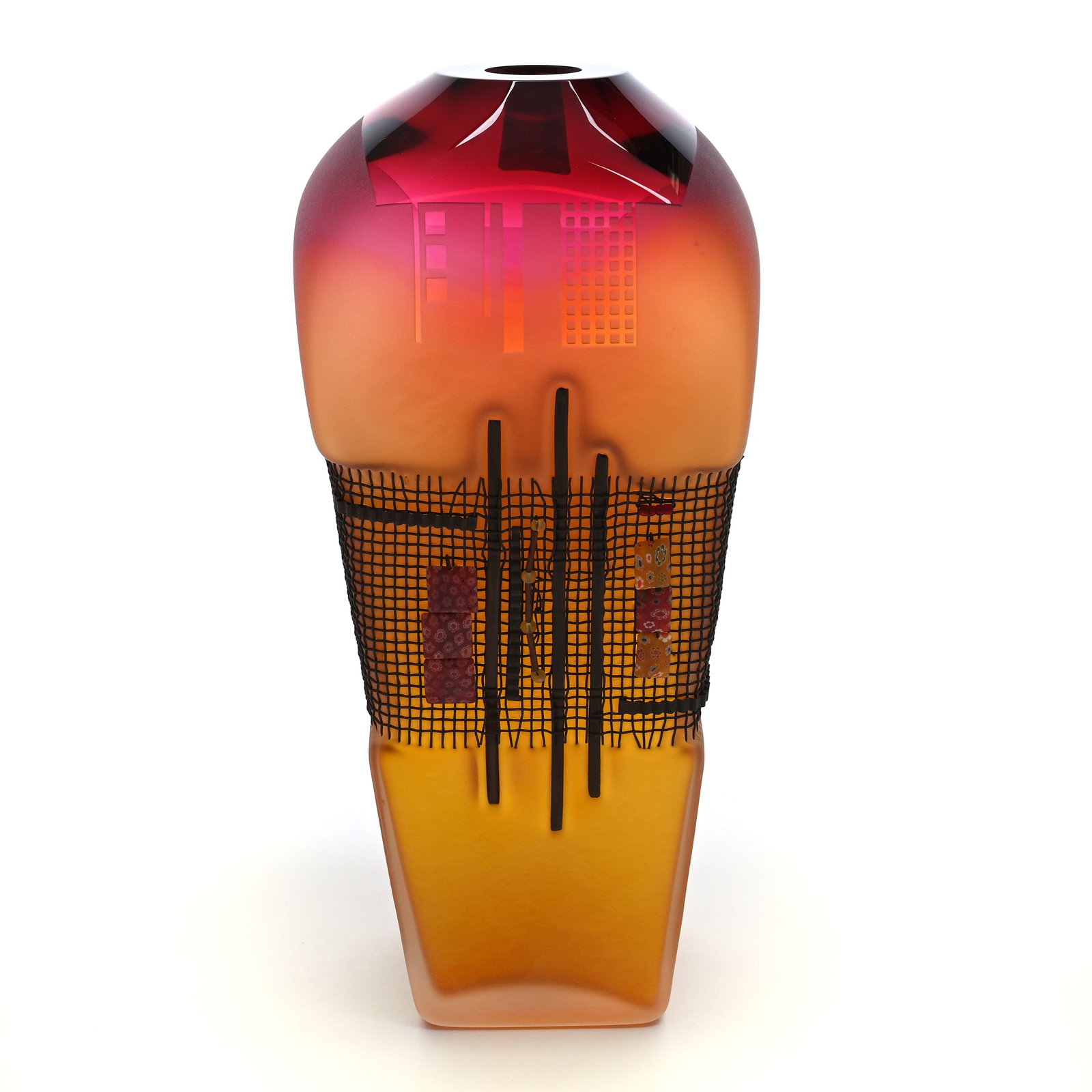 Vase Signed "Grant", Dated 2008: Vase Signed "Grant", Dated 2008, 10.75" x 5", Jim And Connie Grant Studio Art Glass, Amberina Coloring With Wire Mesh Millefiori Cane Highlights, Willa (Billie) Harrington Collection.