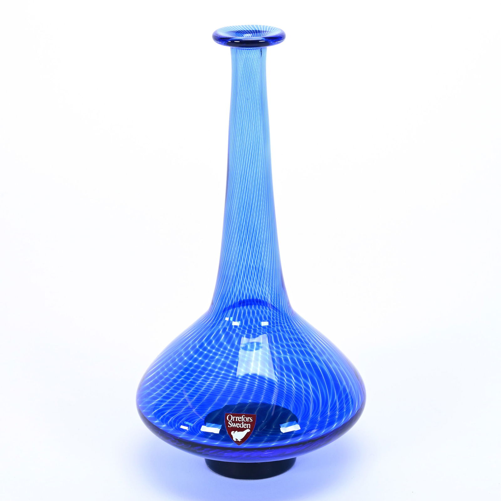 Vase Signed Orrefors Graal Gallery, Artist Signed Olle Alberius: Vase Signed Orrefors Graal Gallery, Artist Signed Olle Alberius, 7.5" x 4", Clear With Cobalt Blue Swirl Design, Willa (Billie) Harrington Collection.