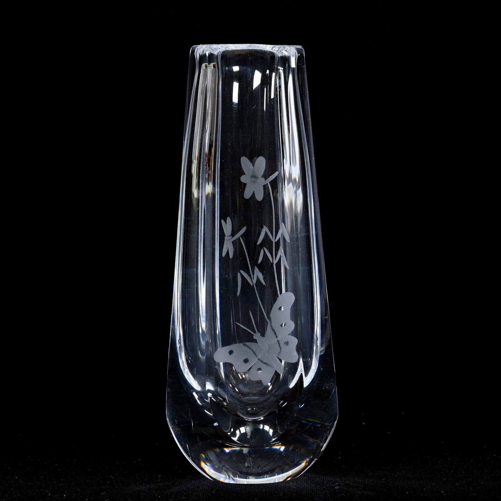 Paperweight Vase Signed Orrefors: Paperweight Vase Signed Orrefors, 5.25" x 2", Clear With Engraved Butterfly Highlights, Willa (Billie) Harrington Collection.