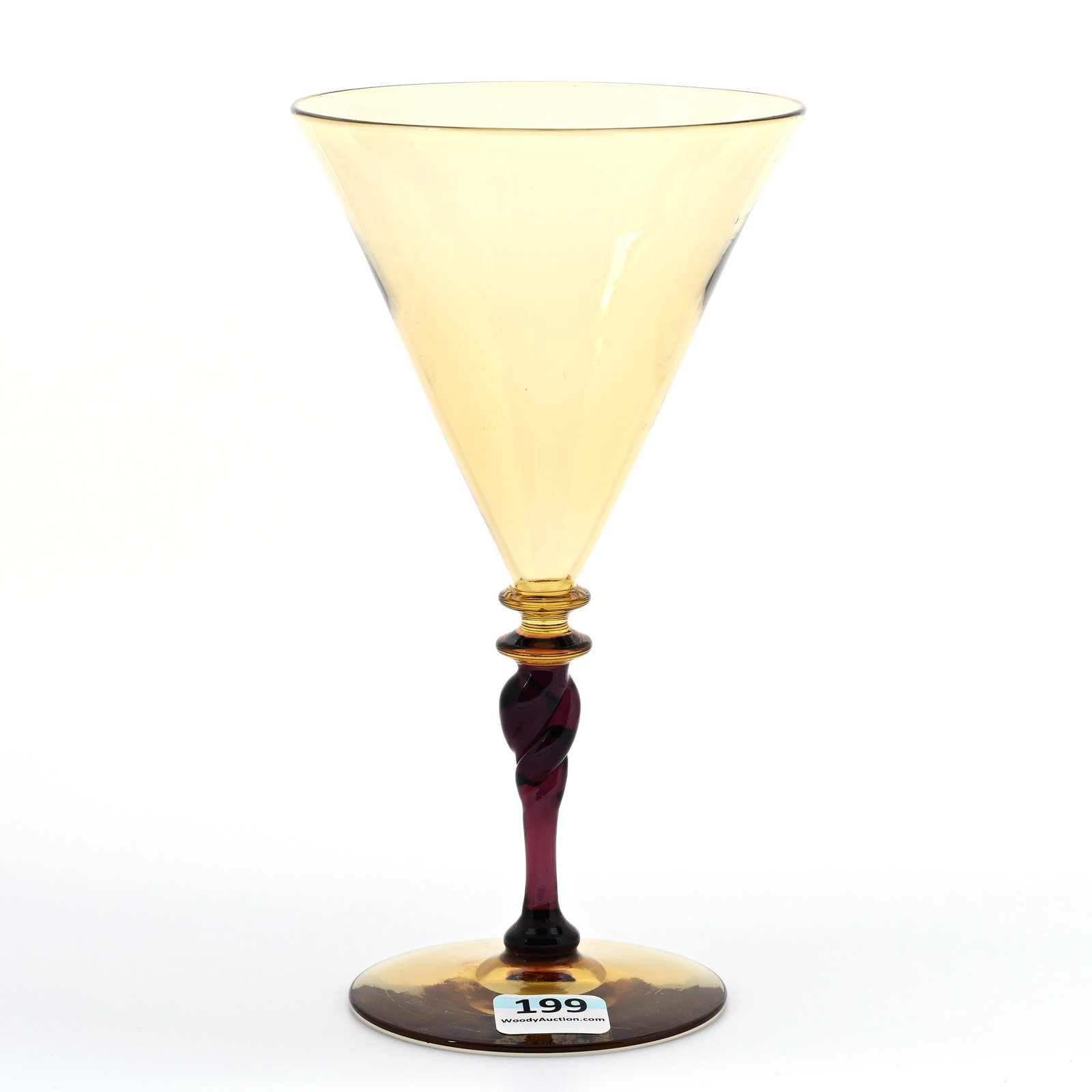 Fluted Champagne Stem Signed Steuben: Fluted Champagne Stem Signed Steuben, 7" x 4", Solid Amber With Amethyst Twist Stem, Willa (Billie) Harrington Collection.