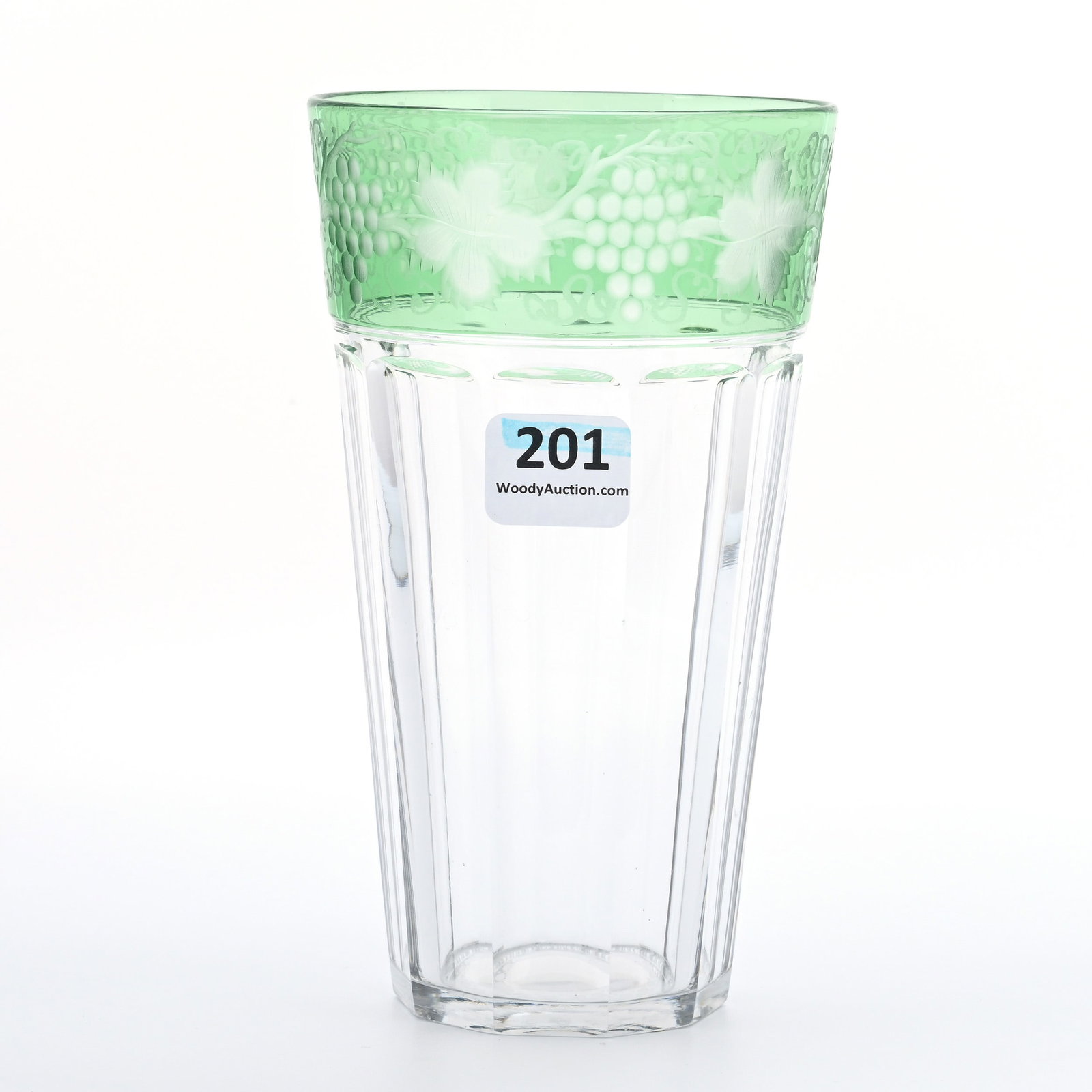 Tumbler Signed Sinclaire, Green Cut To Clear Band: Tumbler Signed Sinclaire, Green Cut To Clear Band, 5.75" x 3.25", Engraved Vintage Motif, Willa (Billie) Harrington Collection.