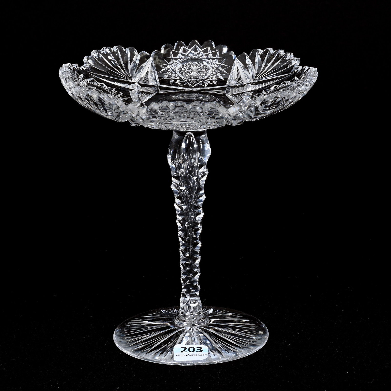 Compote, ABCG, Signed J. Hoare: Compote, ABCG, Signed J. Hoare, 7" x 6.5", Hobstar, Vesica, Strawberry Diamond And Fan Motif, St. Louis Diamond Cut Stem, Flashed Ray Cut Foot, Outside Rim Chip, Tooth Nick, Willa (Billie) Harrington 