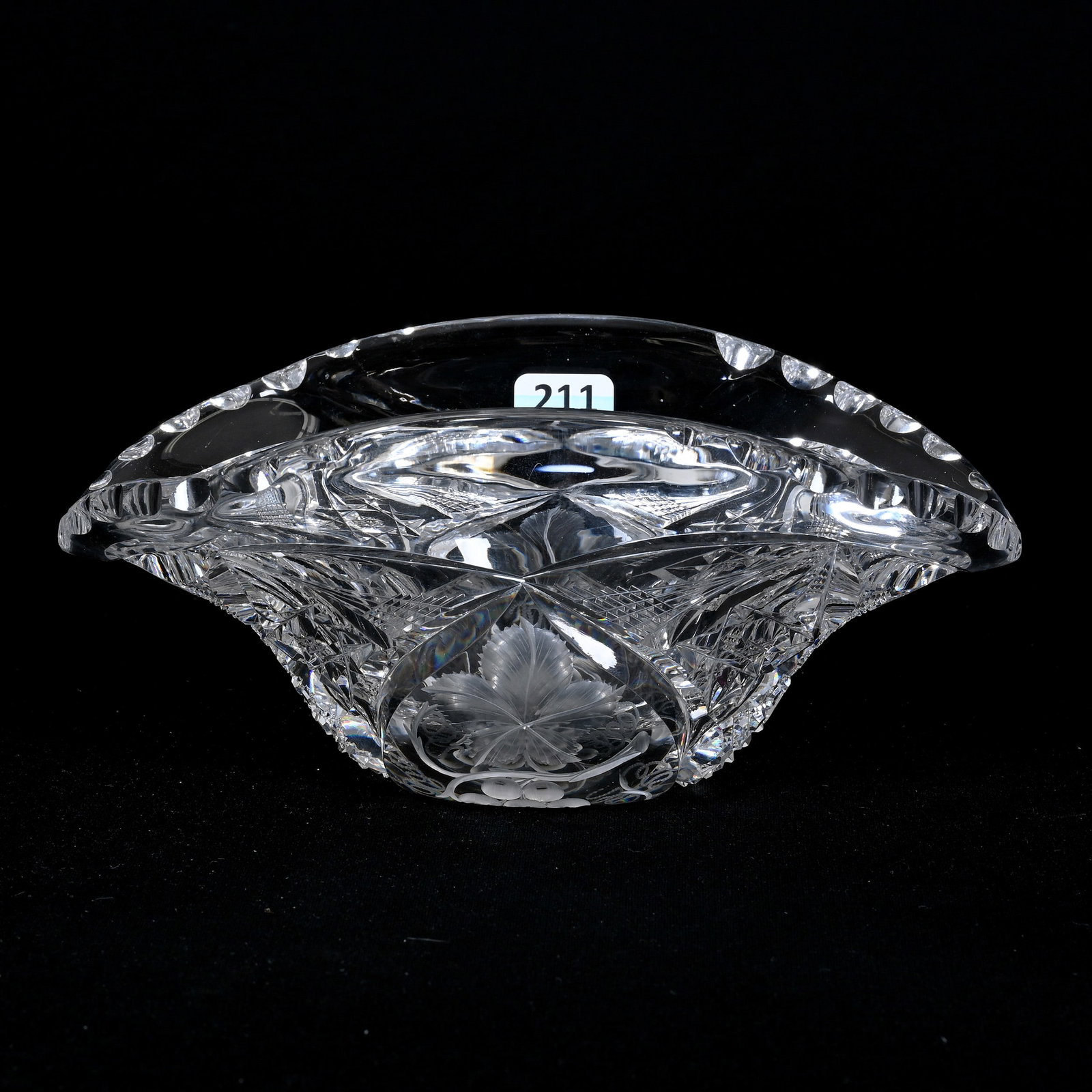 Folded Bowl, American Brilliant Cut Glass: Folded Bowl, American Brilliant Cut Glass, 3.75" x 8" x 5", Hobstar, Cane, Strawberry Diamond And Notched Fan Motif With Engraved Vintage Vesicas, Attributed To Tuthill, Willa (Billie) Harrington Coll