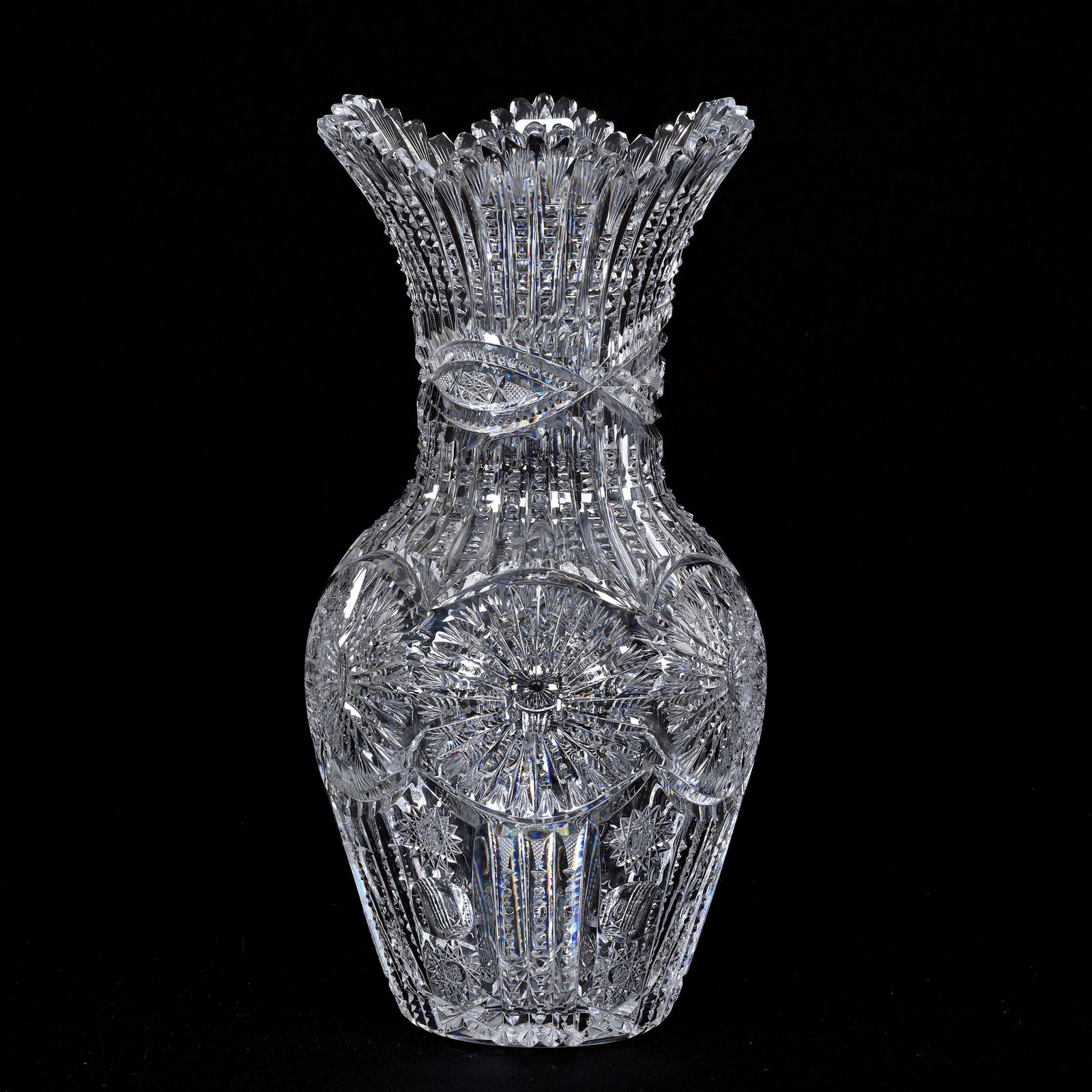 Vase, American Brilliant Cut Glass: Vase, American Brilliant Cut Glass, 13.75" x 7", Sunburst, Prism, Hobstar, Bullseye And Vesica Motif, Hobstar Base, Inside Slanted Tooth Chip Repair, Total Weight Of Over Seven Pounds, Willa (Billie)