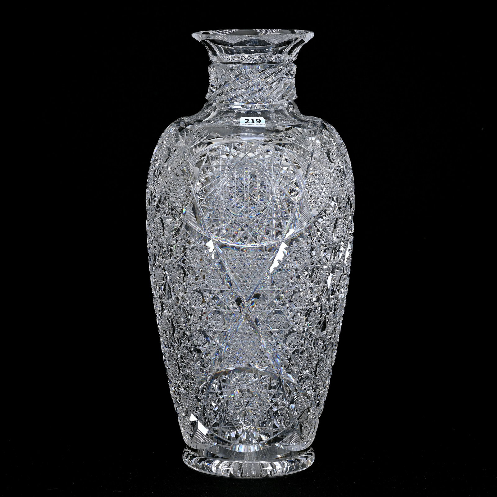 Vase, American Brilliant Cut Glass: Vase, American Brilliant Cut Glass, 15.75" x 7.25", Fully Cut Hobstar, Cane, Nailhead Diamond, Vesica And Fan Motif, Prism Cut Neck, Ray Cut Base, Total Weight Of Over Eleven Pounds, Willa (Billie) Ha