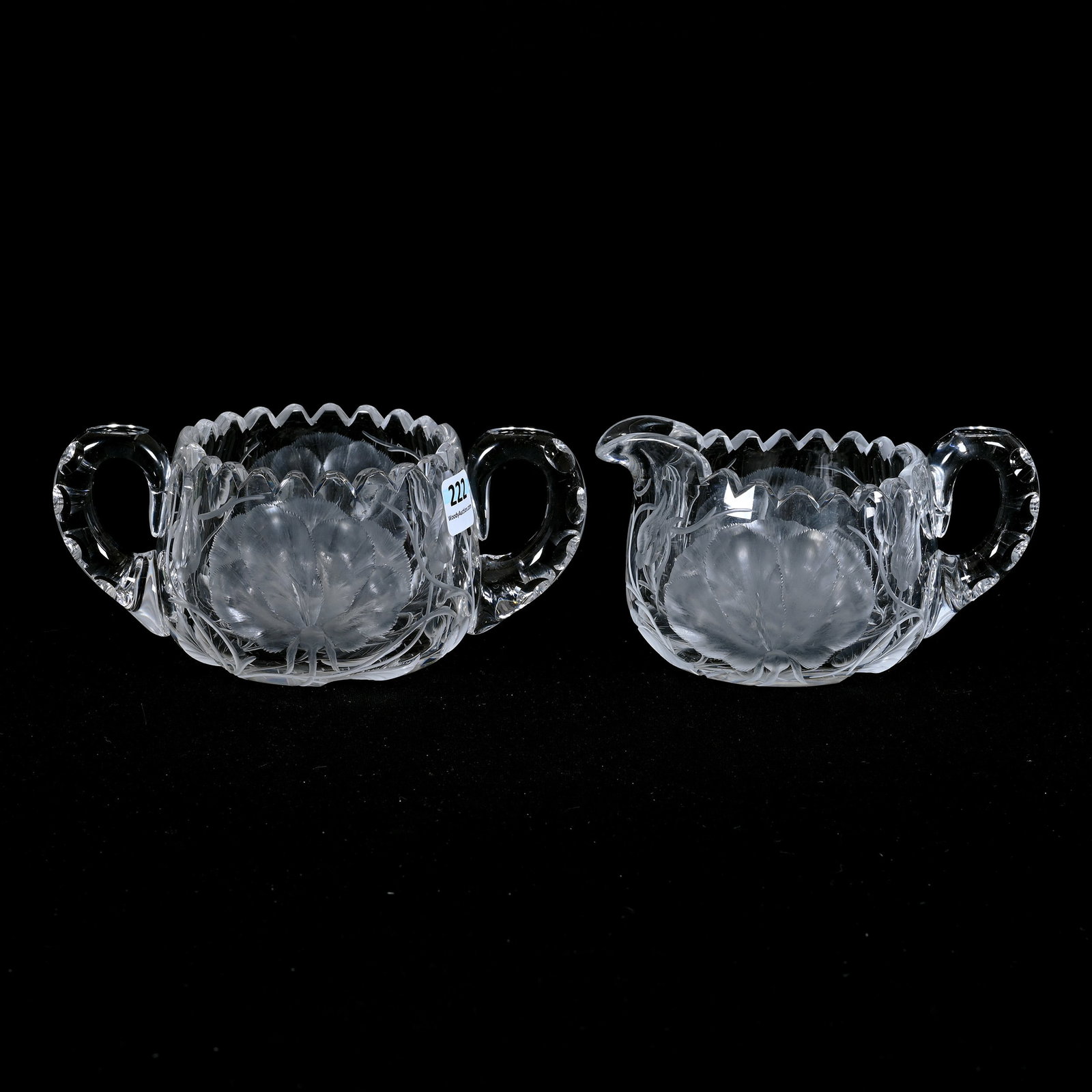 Creamer & Sugar Set, American Brilliant Cut Glass: Creamer & Sugar Set, American Brilliant Cut Glass, 3" x 6.5", Deeply Engraved Rose Branch Decor, Creamer Handle And One Sugar Handle Have Annealing Crack, Willa (Billie) Harrington Collection.