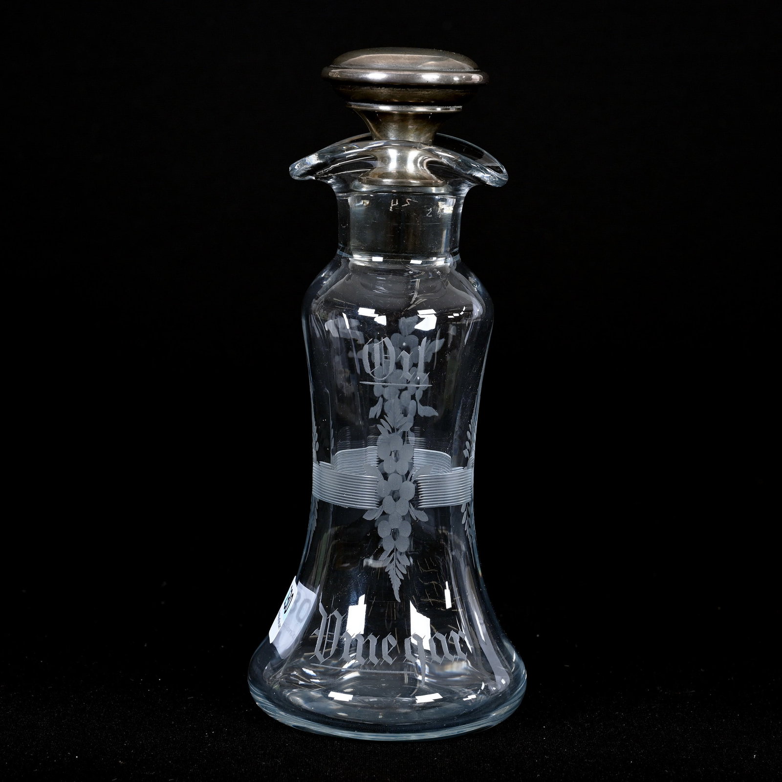 Vinegar/Oil Bottle, ABCG, Signed Hawkes: Vinegar/Oil Bottle, ABCG, Signed Hawkes, 7.5" x 3.25", Engraved Floral And Banded Thread Design, Sterling Silver Stopper Is Also Signed Hawkes, Willa (Billie) Harrington Collection.