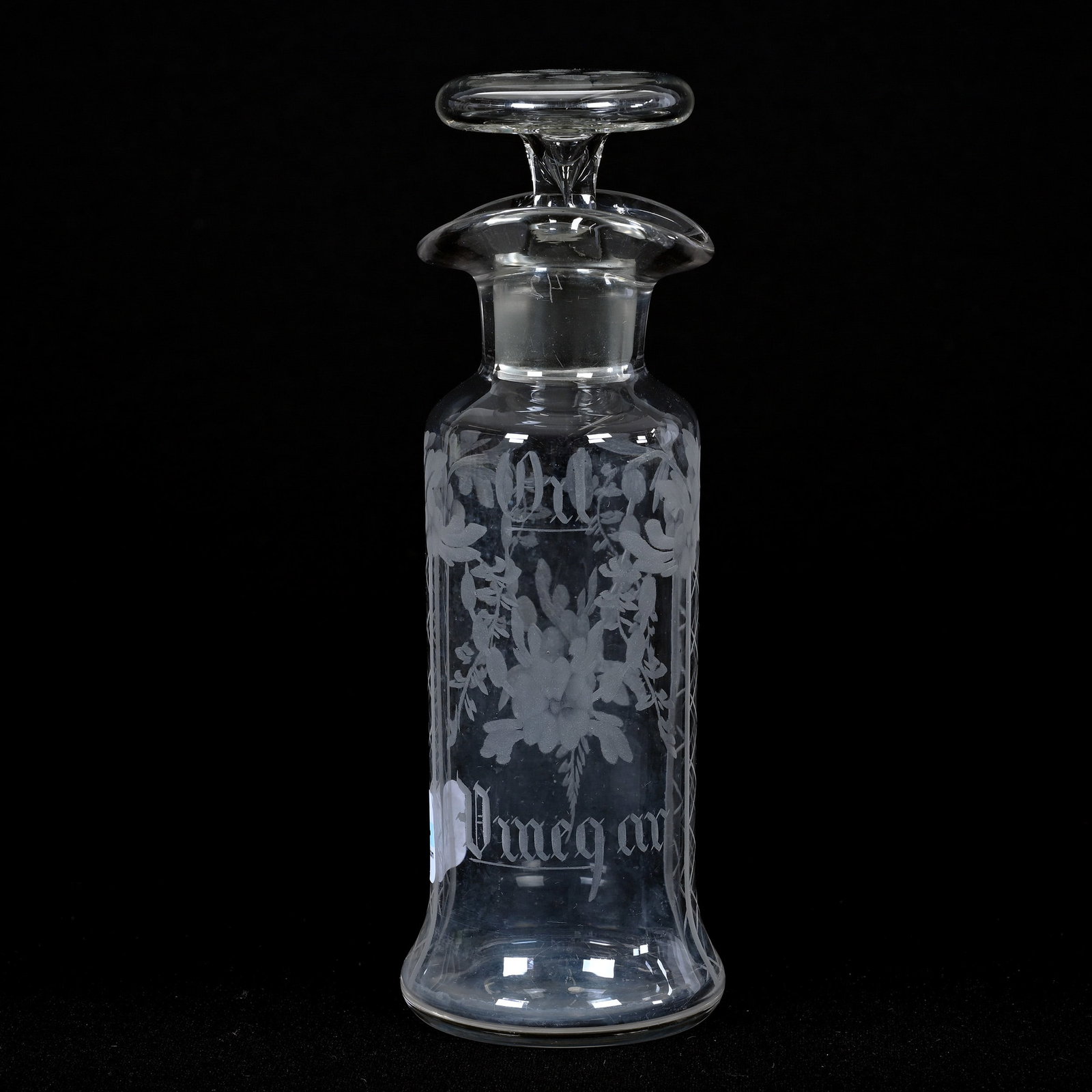 Vinegar/Oil Bottle, ABCG, Signed Hawkes: Vinegar/Oil Bottle, ABCG, Signed Hawkes, 7" x 2.5", Engraved Floral Garland And Lattice Design, Signed Pattern Matched Stopper, Willa (Billie) Harrington Collection.