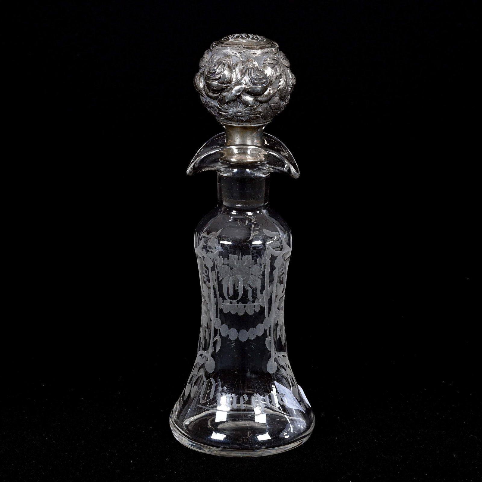 Vinegar/Oil Bottle, ABCG, Attributed To Hawkes: Vinegar/Oil Bottle, ABCG, Attributed To Hawkes, 9" x 3.25", Engraved Floral Garland And Scroll Design, Replacement Stieff Sterling Silver Stopper, Willa (Billie) Harrington Collection.