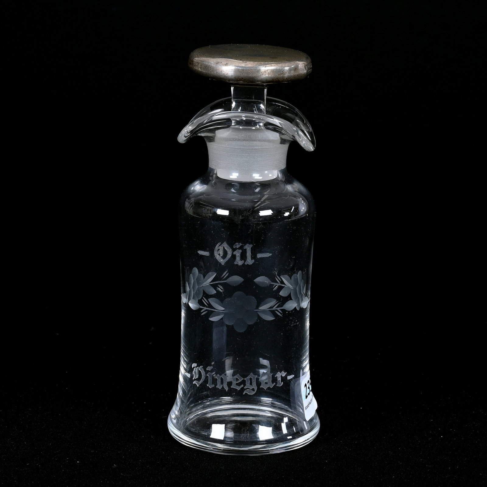 Vinegar/Oil Bottle, American Brilliant Cut Glass: Vinegar/Oil Bottle, American Brilliant Cut Glass, 6.5" x 2.5", Engraved Floral Design, Sterling Silver Stopper Marked Wallace, Willa (Billie) Harrington Collection.
