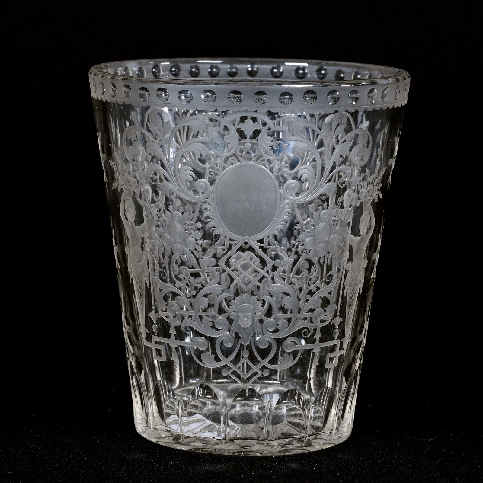 Beaker, French Or Bohemian, 19th Century: Beaker, French Or Bohemian, 19th Century, 4.25" x 3.5", Finely Engraved With Medallion, Scroll, Floral And Sentries, Willa (Billie) Harrington Collection.