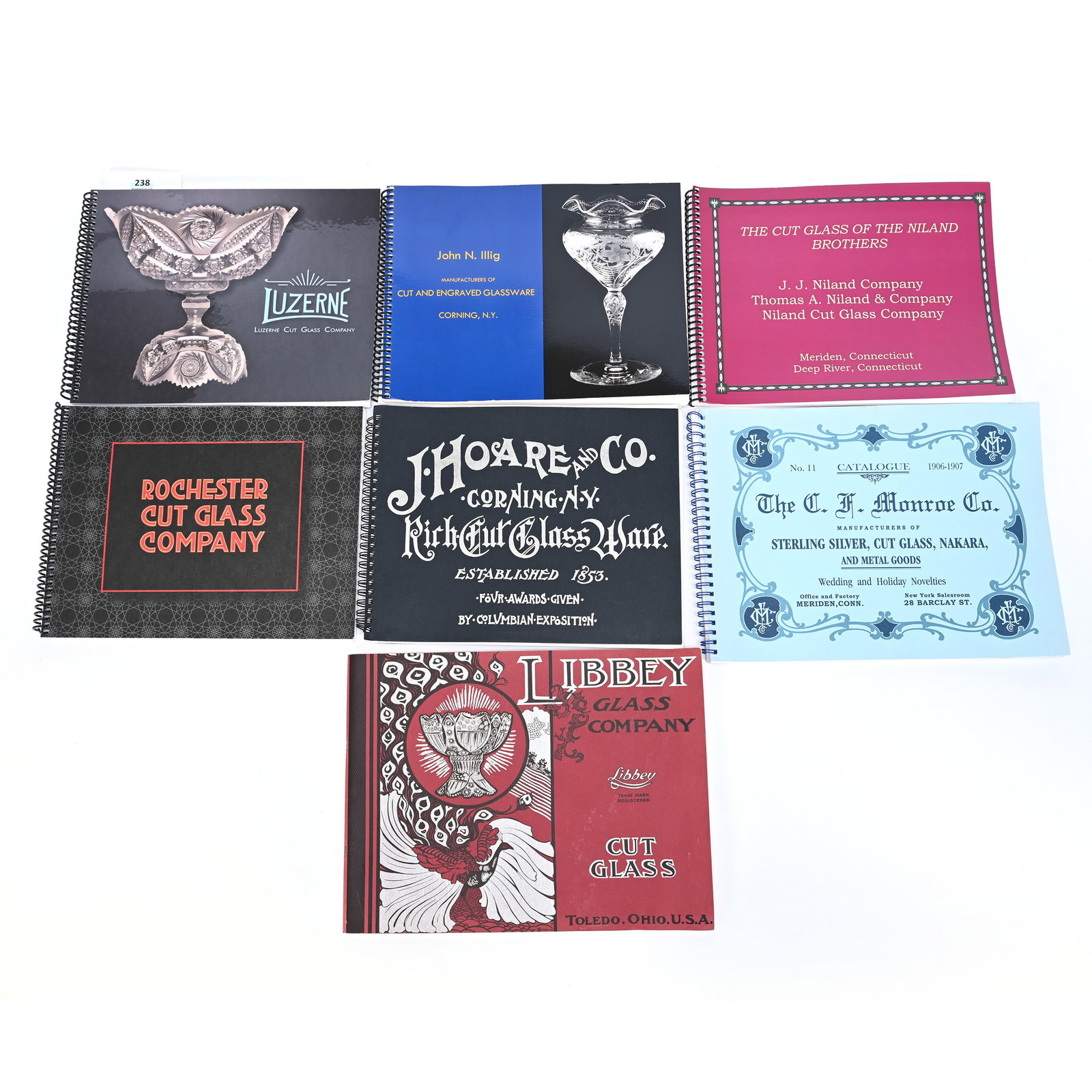 (7) American Cut Glass Assn. Catalog Reprints: (7) American Cut Glass Assn. Catalog Reprints, Catalogs Include: Luzerne, Illig, Niland Brothers, C.F. Monroe, Black J. Hoare, Rochester And Libbey, Willa (Billie) Harrington Collection.