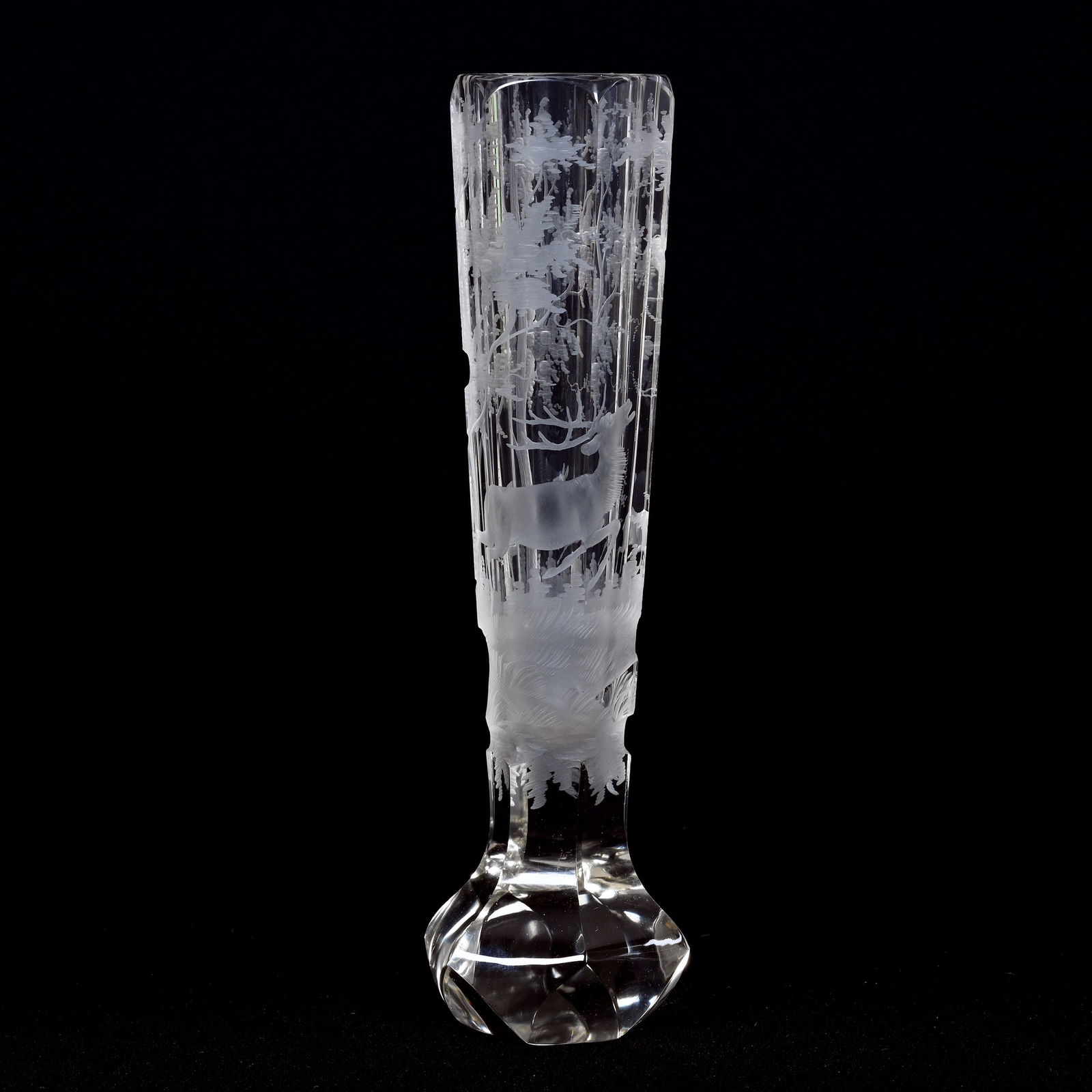 Paperweight Vase, Engraved Bohemian Art Glass: Paperweight Vase, Engraved Bohemian Art Glass, 8.5" x 2.5", Stag And Forest Decor, Six-Sided, Willa (Billie) Harrington Collection.