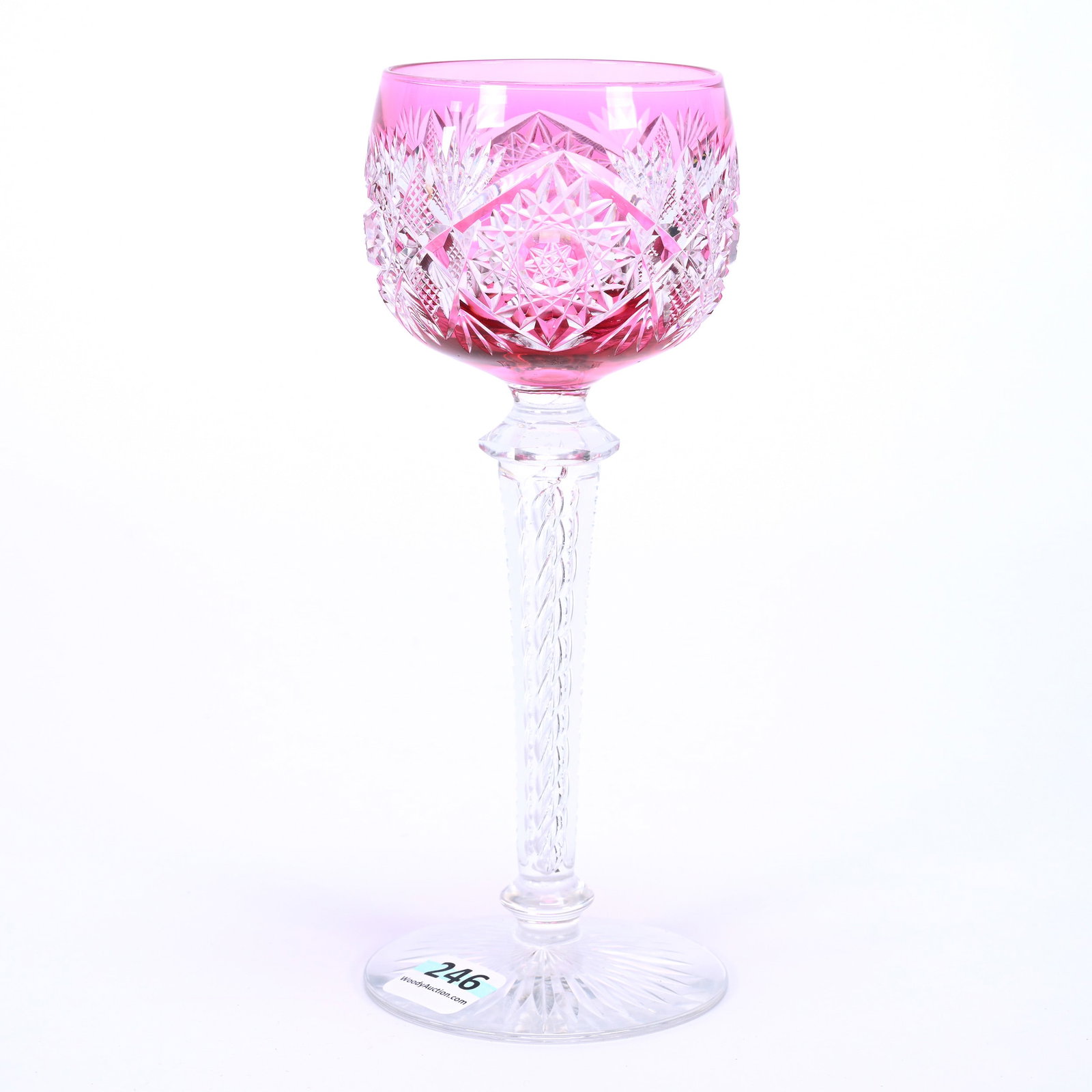 Wine Stem, BPCG, Cranberry Cut To Clear: Wine Stem, BPCG, Cranberry Cut To Clear, 7.25" x 2.75", Hobstar, Strawberry Diamond And Fan Motif, Notched Air Twist Stem, Ray Cut Foot, Willa (Billie) Harrington Collection.