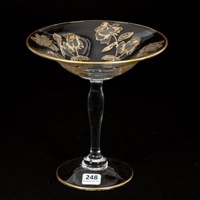 Compote, Clear Glass With Gold Stencil Decor Of Roses