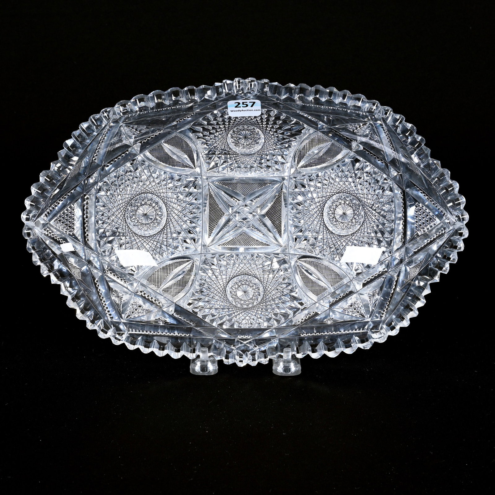 Bun Tray, American Brilliant Cut Glass: Bun Tray, American Brilliant Cut Glass, 11.75" x 7.75", Four Sections Of Well Cut Hobstars, Vesica, Strawberry Diamond And Prism Motif, Clear Blank, Patricia (Pat) Van Carpels Collection.