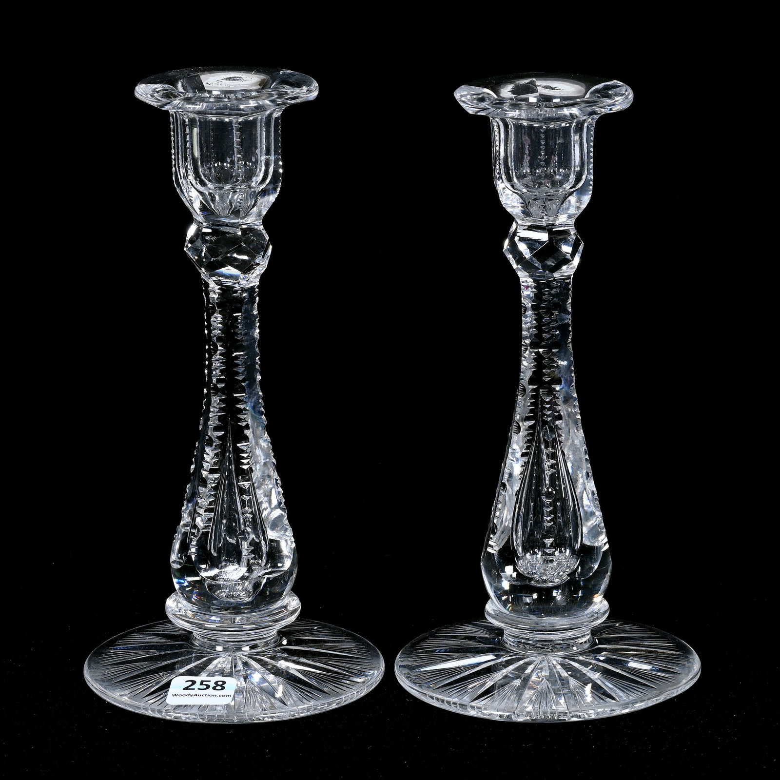 Pair Candlesticks, American Brilliant Cut Glass: Pair Candlesticks, American Brilliant Cut Glass, 8" x 4", Notched Teardrop Stem, Flashed Ray Cut Foot, Patricia (Pat) Van Carpels Collection.