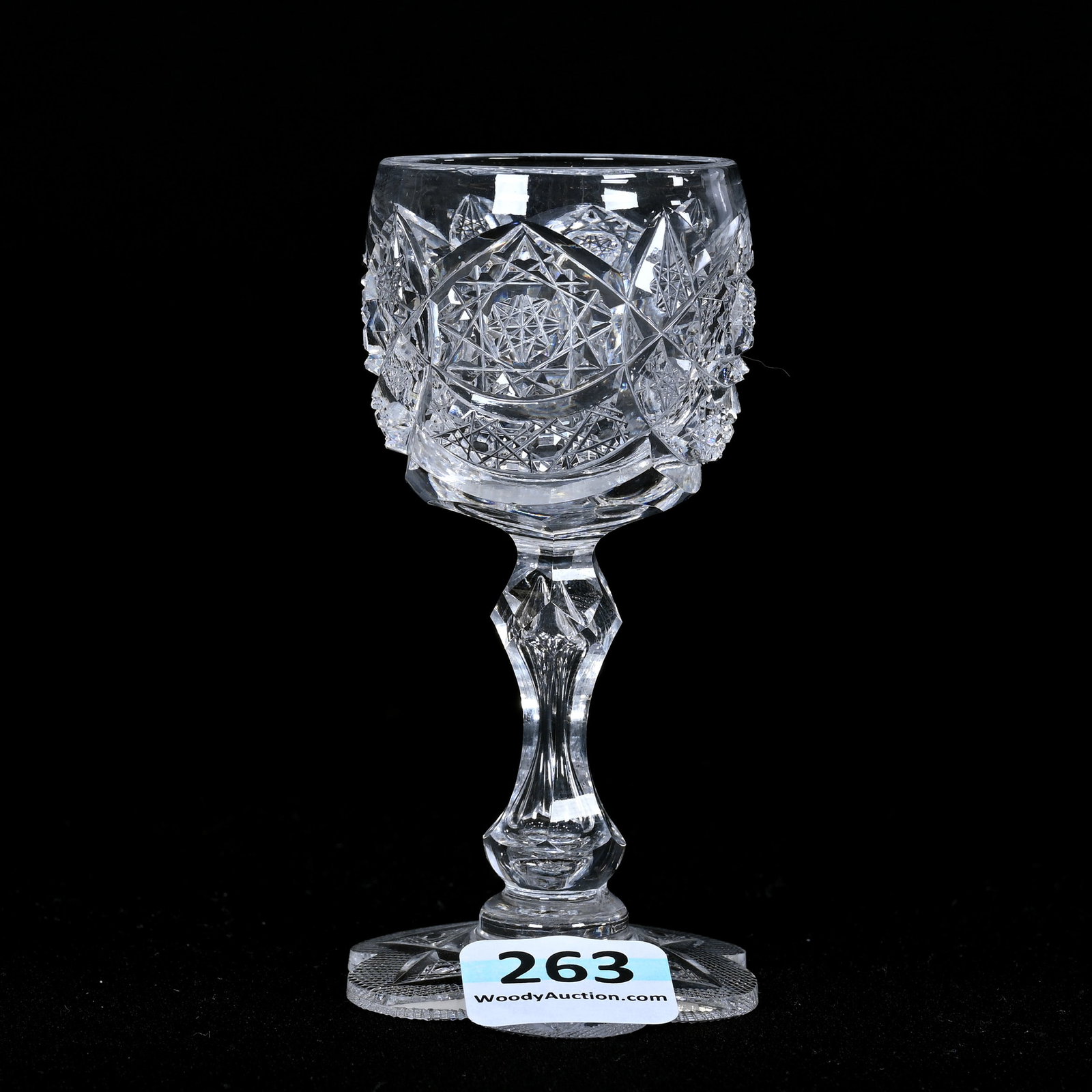 Cordial Stem, American Brilliant Cut Glass: Cordial Stem, American Brilliant Cut Glass, 3.5" x 1.75", Hobstar, Cane And Vesica, Pattern Cut Scalloped Foot, Patricia (Pat) Van Carpels Collection.
