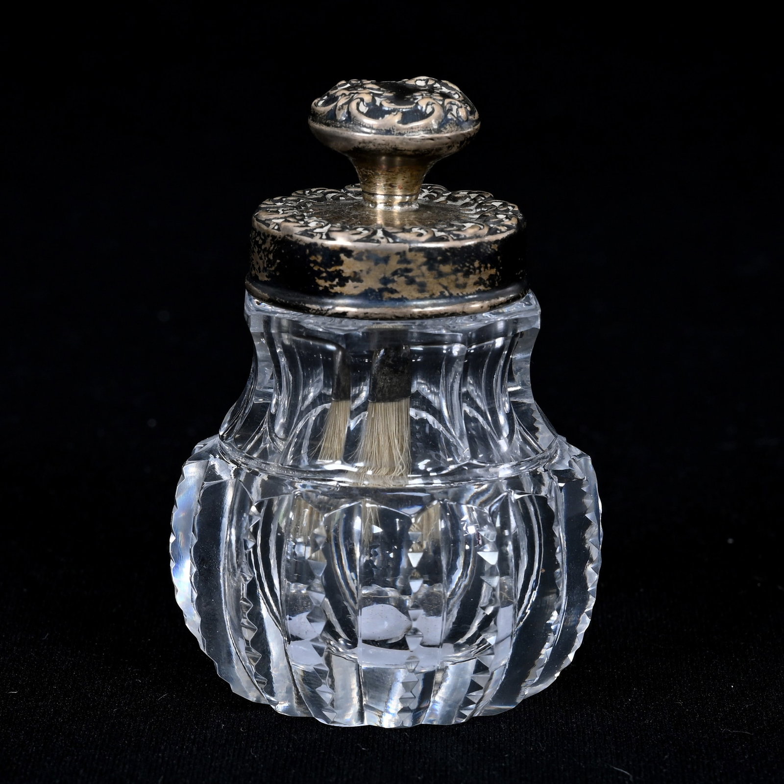 Glue Jar, American Brilliant Cut Glass: Glue Jar, American Brilliant Cut Glass, 2.75" x 1.75", Prism Cut Pattern, Sterling Silver Top, Mark Not Found, Inner Rim Roughness, Patricia (Pat) Van Carpels Collection.