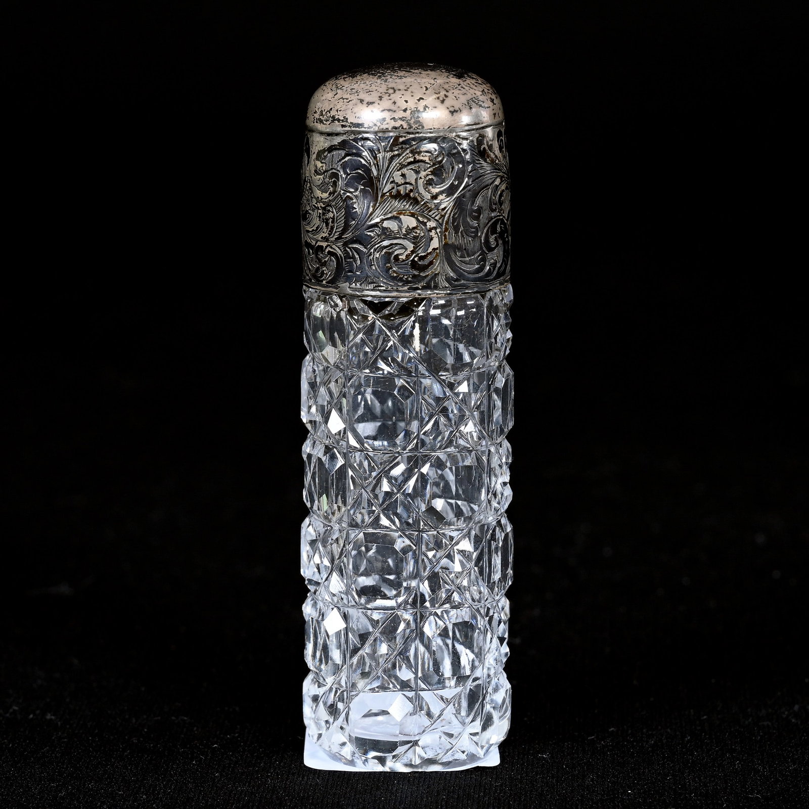 Perfume Bottle, Brilliant Period Cut Glass: Perfume Bottle, Brilliant Period Cut Glass, 3" x 1", Cane Cut Pattern, Silver Twist Top, Patricia (Pat) Van Carpels Collection.