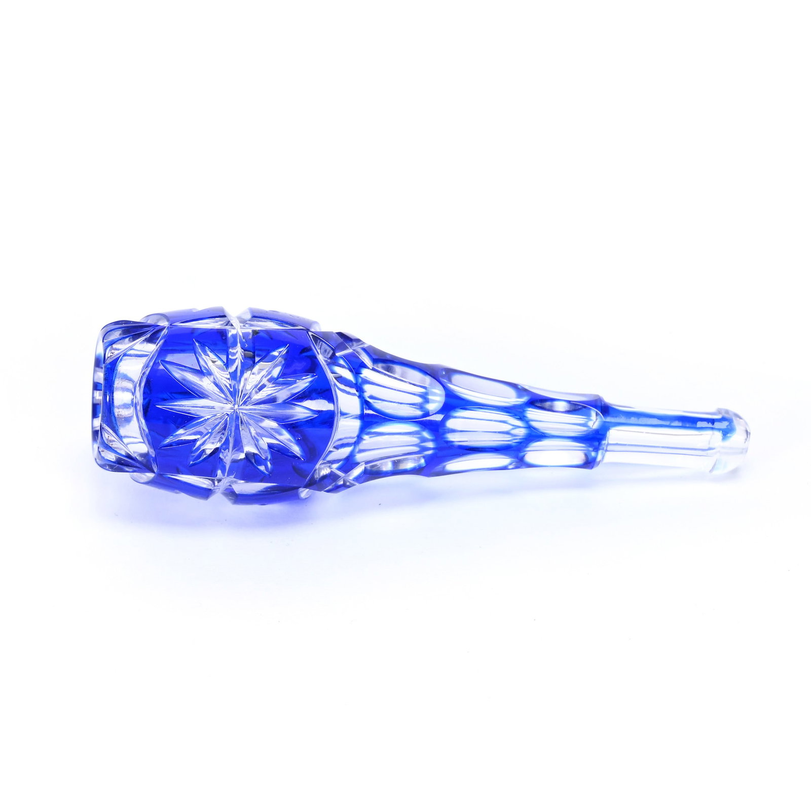Cigarette Holder, BPCG, Blue Cut To Clear: Cigarette Holder, BPCG, Blue Cut To Clear, 3.25" x 1", Star And Punty Motif, Patricia (Pat) Van Carpels Collection.