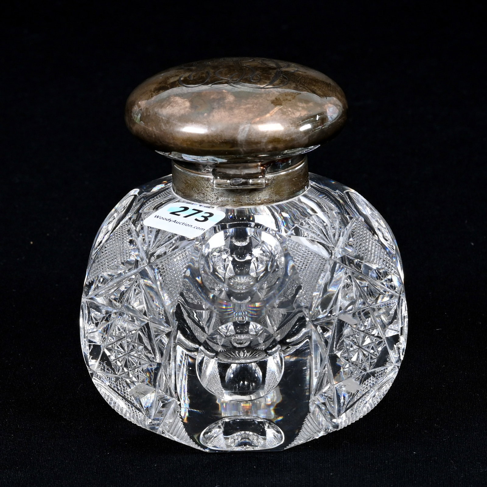 Inkwell, American Brilliant Cut Glass: Inkwell, American Brilliant Cut Glass, 4.75" x 4", Alternating Panels Of Hobstar, Strawberry Diamond, Fan And Bullseye Motif, Sterling Flip Lid Marked J.F. Fradley & Co., Patricia (Pat) Van Carpels Co