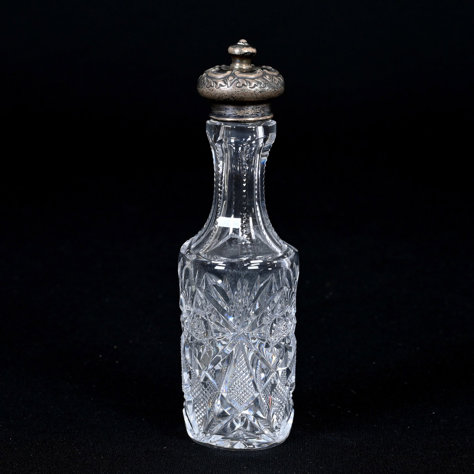 Bottle, American Brilliant Cut Glass: Bottle, American Brilliant Cut Glass, 5.25" x 1.5", Hobstar, Strawberry Diamond And Fan Motif, Sterling Silver Top Marked Wilcox, Ray Cut Base, Patricia (Pat) Van Carpels Collection.