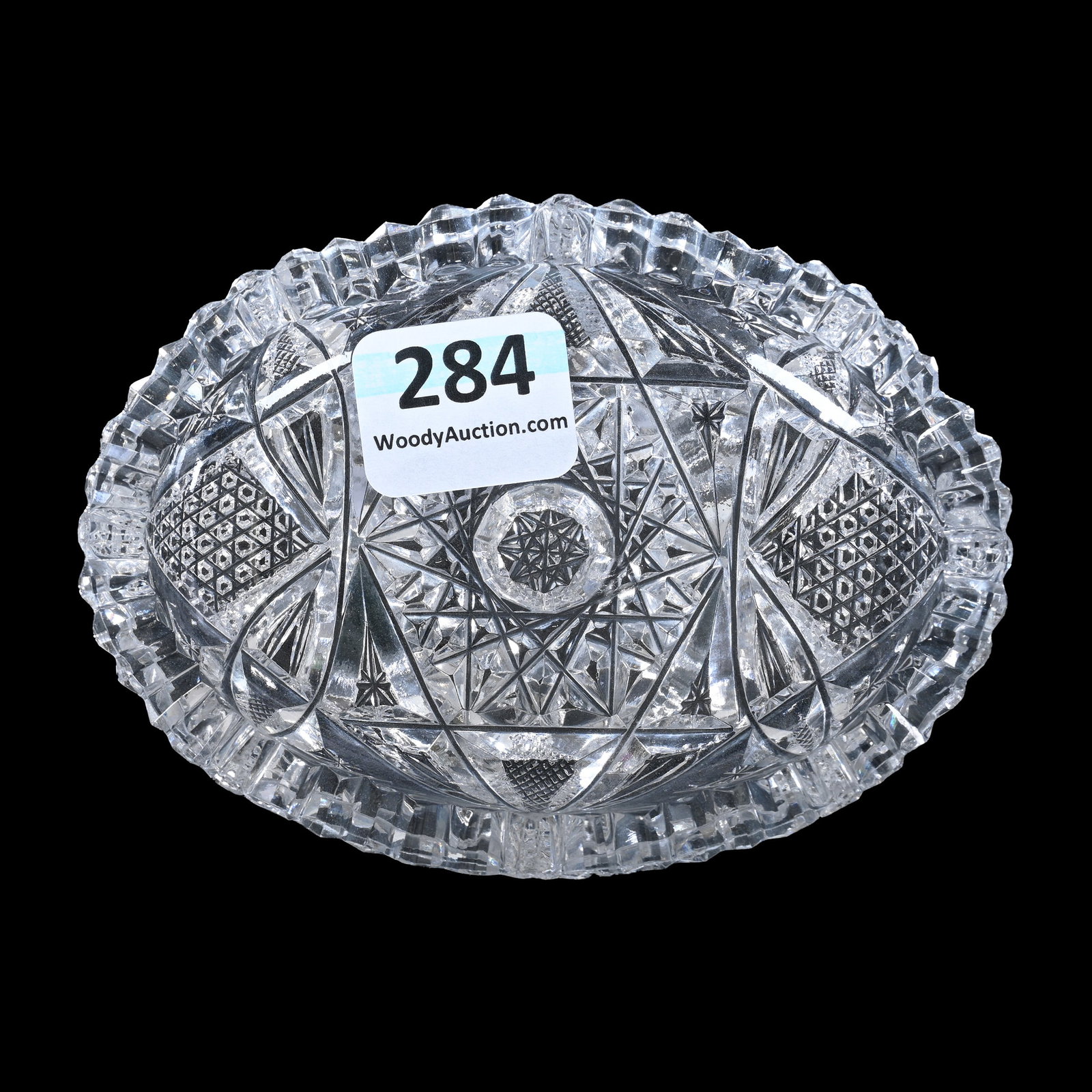 Oval Butter Pat, American Brilliant Cut Glass: Oval Butter Pat, American Brilliant Cut Glass, 3.75" x 2.75", Hobstar, Nailhead Diamond And Vesica Motif, Rim Nick, Patricia (Pat) Van Carpels Collection.