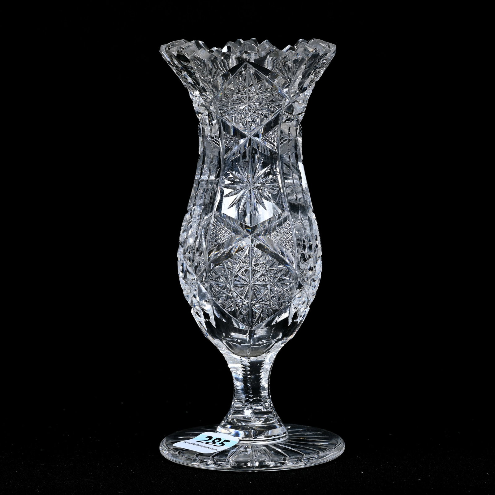 Pedestal Vase, American Brilliant Cut Glass: Pedestal Vase, American Brilliant Cut Glass, 6.25" x 2.75", Hobstar, Prism, Strawberry Diamond, Star And Fan Motif, Ray Cut Foot, Patricia (Pat) Van Carpels Collection.