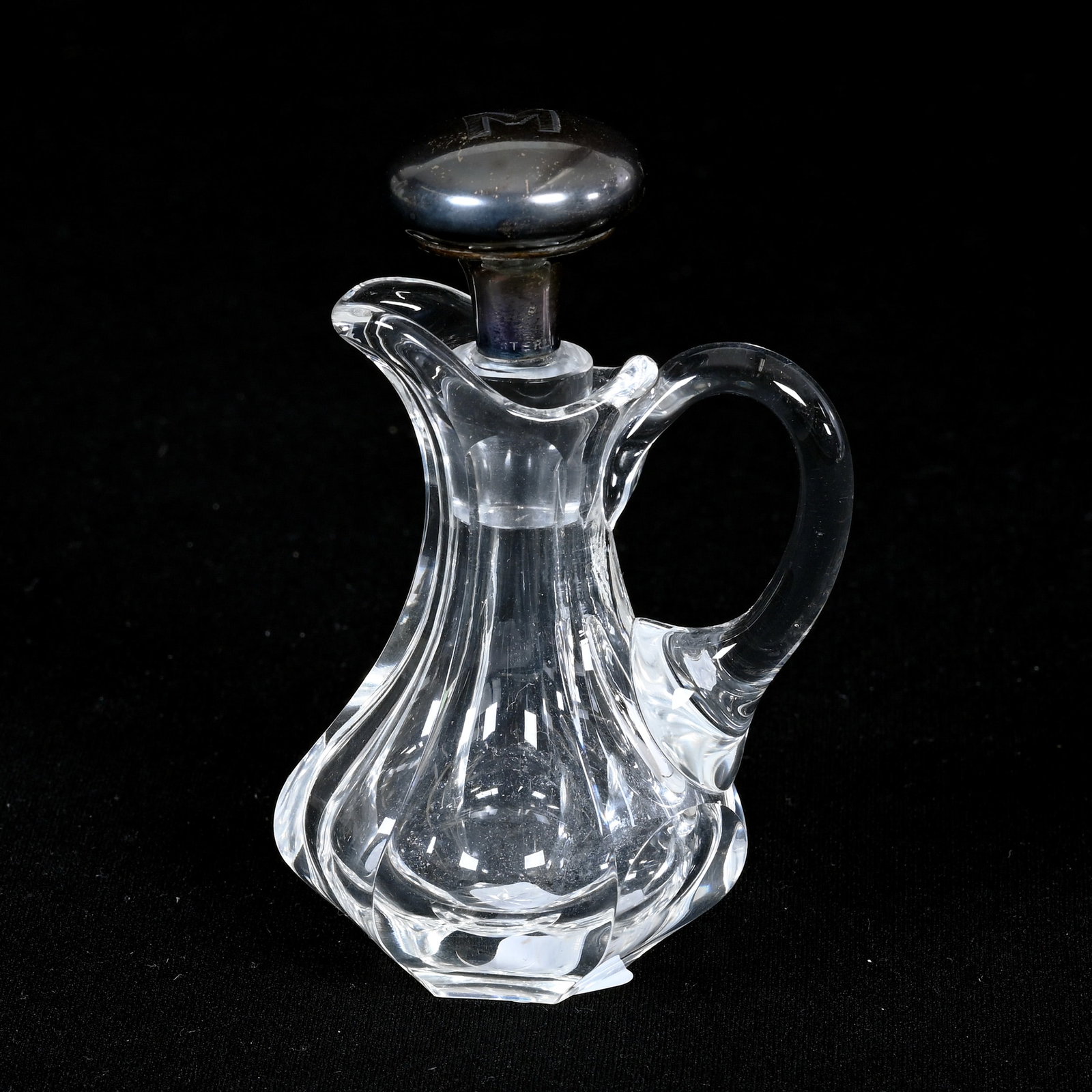 Miniature Cruet, American Brilliant Cut Glass: Miniature Cruet, American Brilliant Cut Glass, 4" x 2.5", Flute Pattern, Sterling Silver Stopper, Ray Cut Base, Patricia (Pat) Van Carpels Collection.