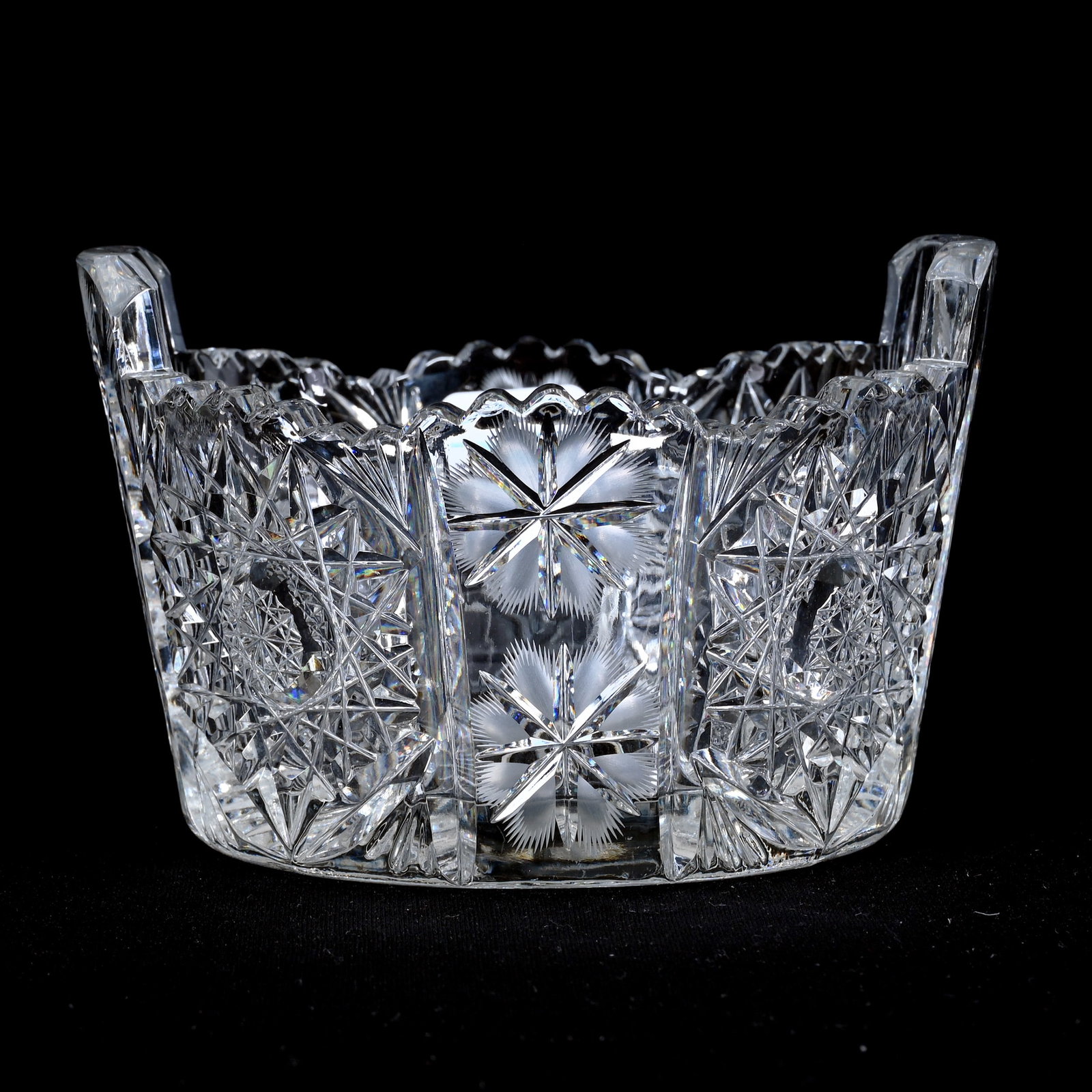 Butter Tub, Tab Handles, American Brilliant Cut Glass: Butter Tub, Tab Handles, American Brilliant Cut Glass, 3.25" x 5", Hobstar And Engraved Fern And Blossom Decor, Ray Cut Base, Patricia (Pat) Van Carpels Collection.