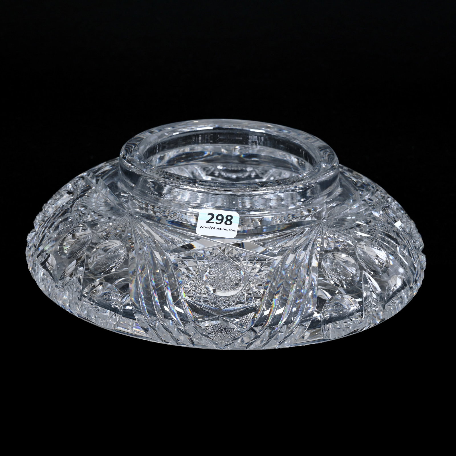 Punch Bowl Base, American Brilliant Cut Glass: Punch Bowl Base, American Brilliant Cut Glass, 3" x 9", Hobstar, Bullseye And Fan Motif, Huge Hobstar Base, Extra Clear Blank, Patricia (Pat) Van Carpels Collection. UPDATED 6-25-24: Corrected Item De