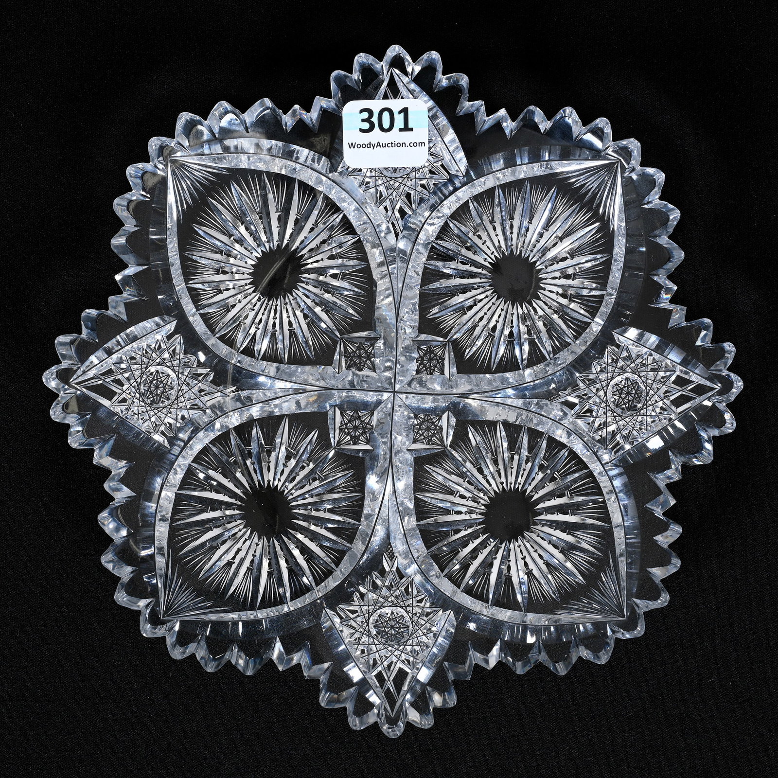 Plate, American Brilliant Cut Glass: Plate, American Brilliant Cut Glass, 7", Four Sections Of Vesica, Sunburst And Hobstar Motif, Patricia (Pat) Van Carpels Collection.