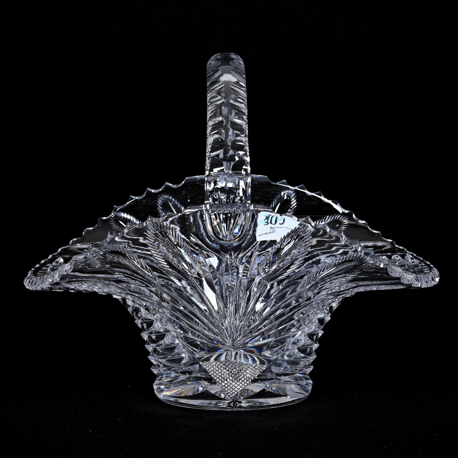 Basket, American Brilliant Cut Glass: Basket, American Brilliant Cut Glass, 6.25" x 7.5" x 5.5", Engraved Cattails And Step Cut Design, Double Notched Handle, Ray Cut Base, Patricia (Pat) Van Carpels Collection.