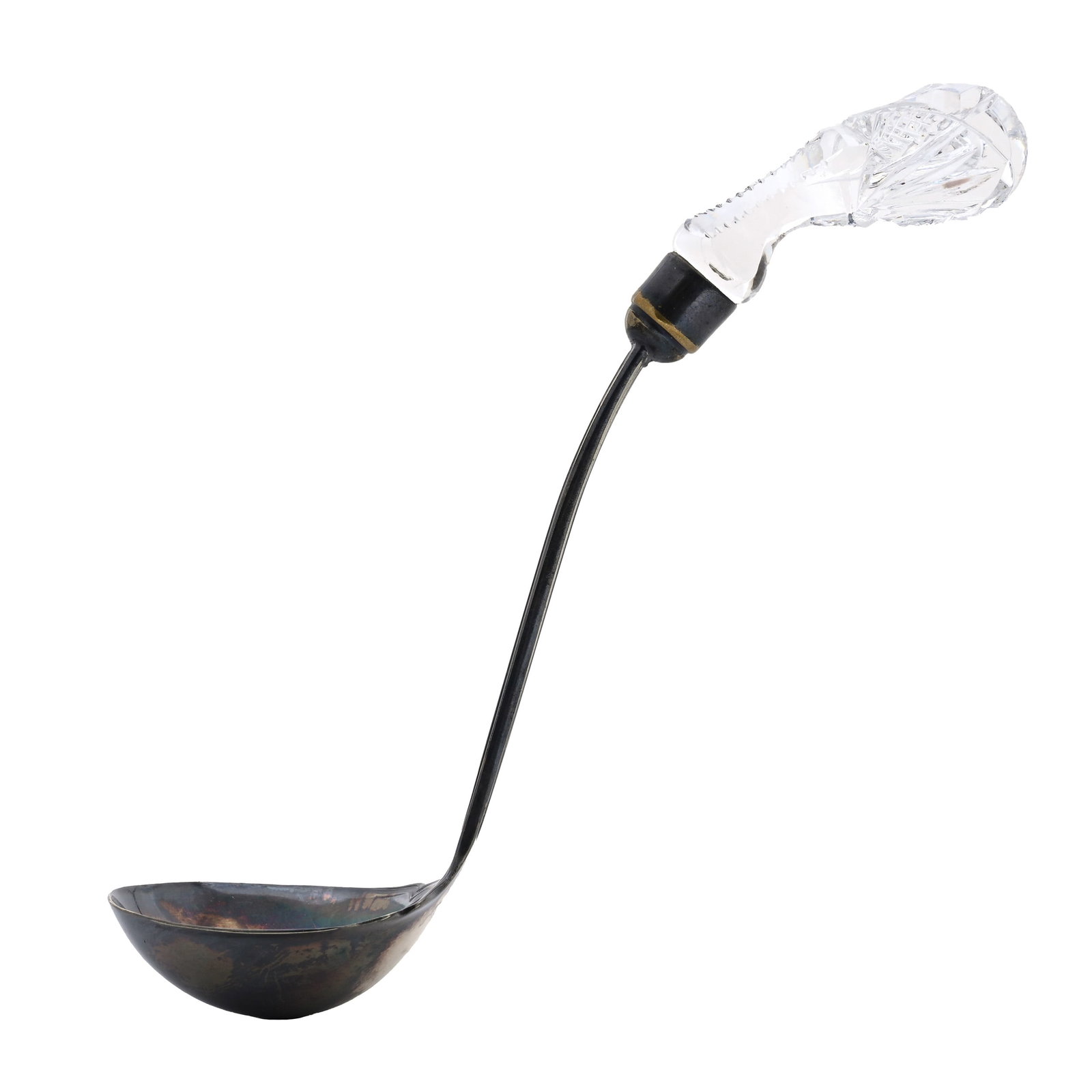 Miniature Ladle, American Brilliant Cut Glass: Miniature Ladle, American Brilliant Cut Glass, 5.75" x 1.75", Diamond And Fan Cut Handle, Silverplate Marked Rogers, Patricia (Pat) Van Carpels Collection.