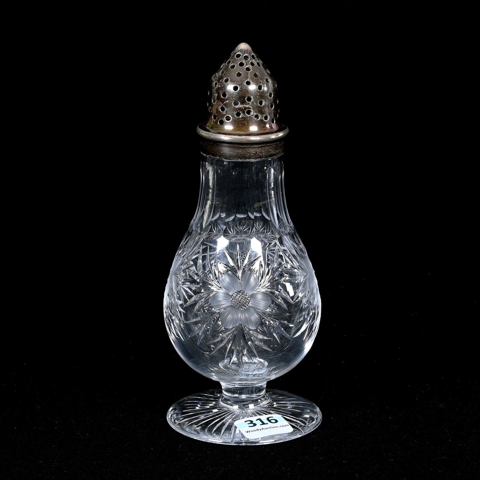 Pedestal Sugar Shaker, American Brilliant Cut Glass: Pedestal Sugar Shaker, American Brilliant Cut Glass, 6.75" x 2.75", Engraved Floral Motif, Ray Cut Foot, Sterling Silver Top, Patricia (Pat) Van Carpels Collection.