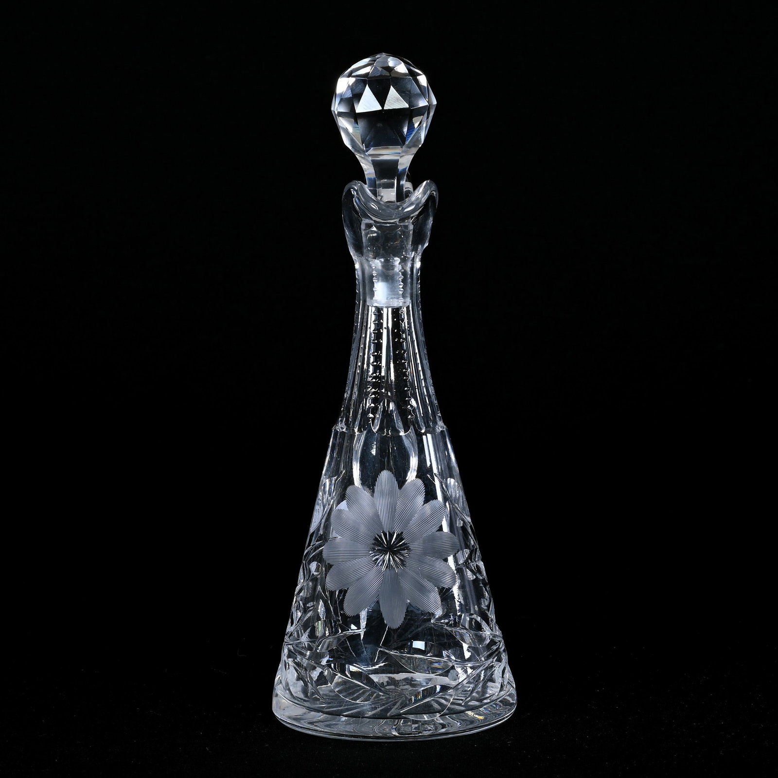 Cruet Bottle, American Brilliant Cut Glass: Cruet Bottle, American Brilliant Cut Glass, 9" x 3.5", Engraved Floral Design, Ray Cut Base, Patricia (Pat) Van Carpels Collection.