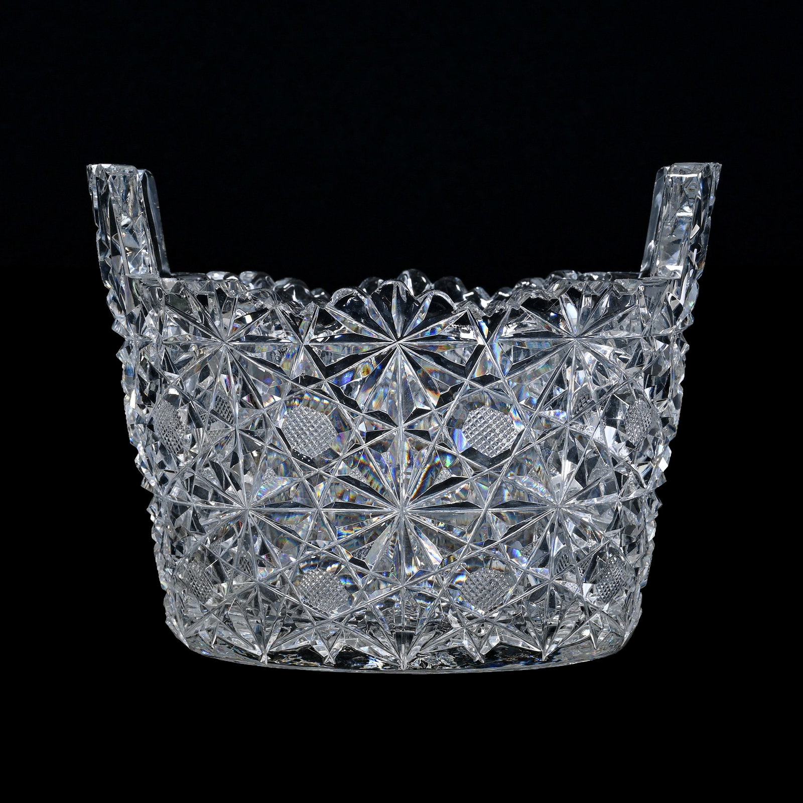 Ice Tub, Tab Handles, American Brilliant Cut Glass: Ice Tub, Tab Handles, American Brilliant Cut Glass, 5.25" x 7", Modified Russian Pattern, Hobstar Base, Some Edge Chips, Patricia (Pat) Van Carpels Collection.