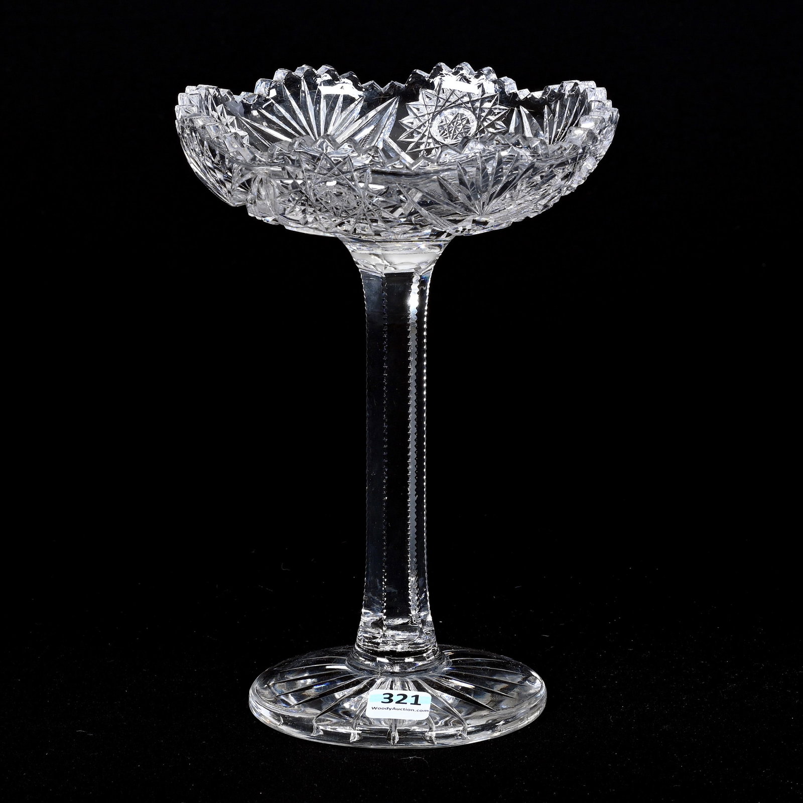 Compote, American Brilliant Cut Glass: Compote, American Brilliant Cut Glass, 8.75" x 6", Hobstar, Strawberry Diamond And Fan Motif, Solid Notched Stem, Ray Cut Foot, One Tooth Chip, Patricia (Pat) Van Carpels Collection.