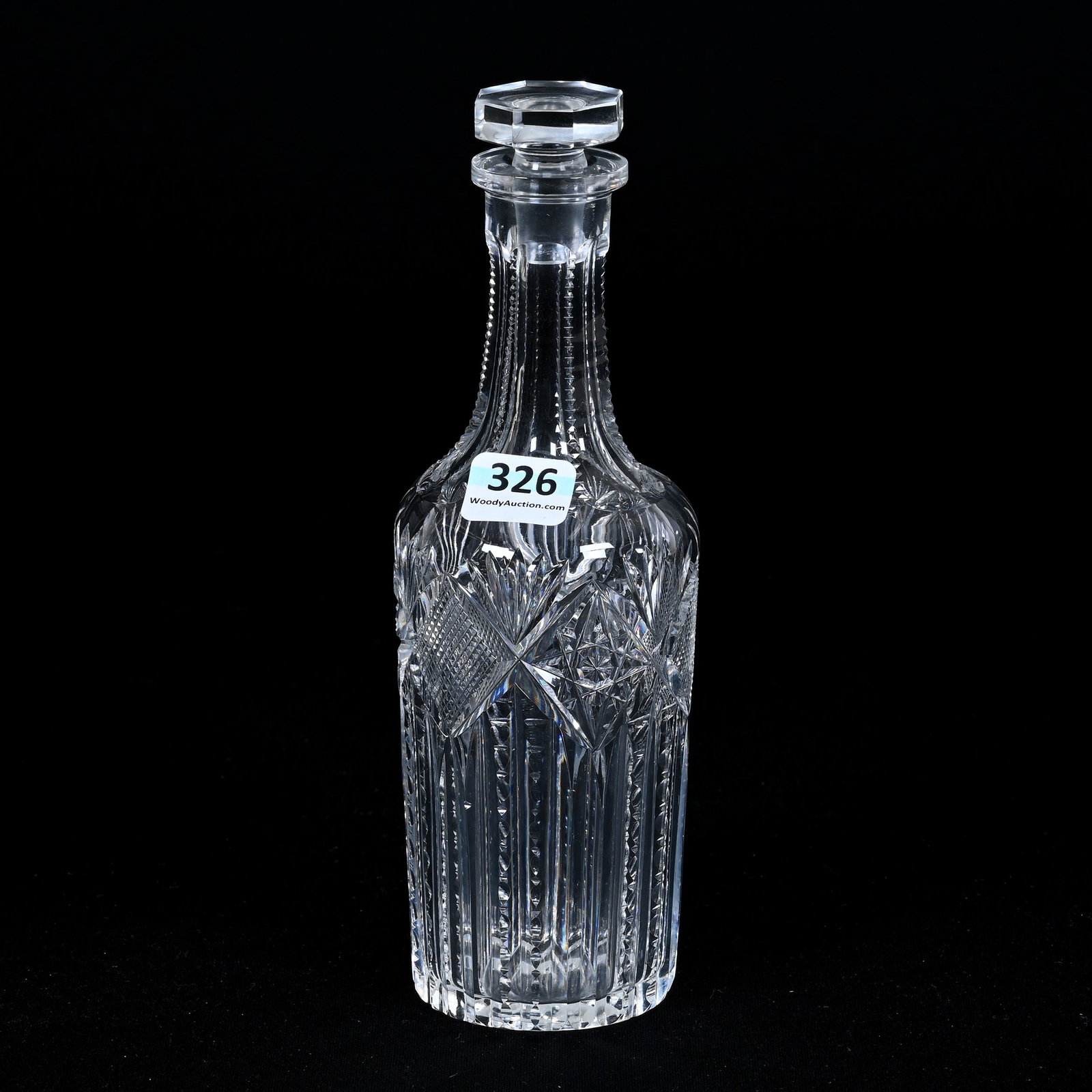 Sauce Bottle, American Brilliant Cut Glass: Sauce Bottle, American Brilliant Cut Glass, 7.75" x 2.5", Hobstar, Strawberry Diamond, Prism And Fan Motif, Patricia (Pat) Van Carpels Collection.