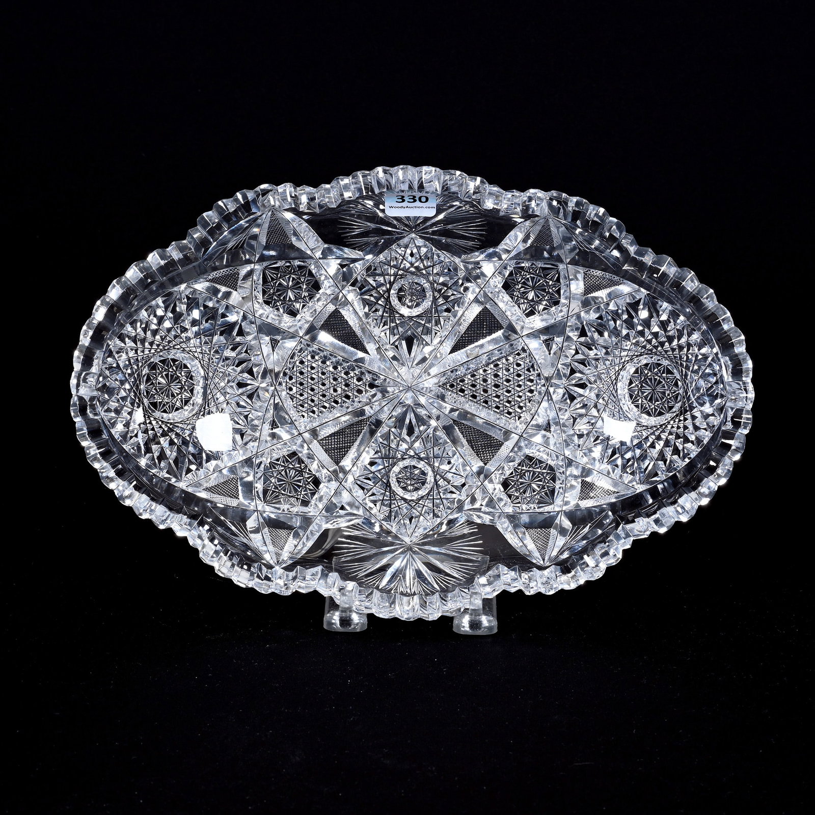 Bun Tray, American Brilliant Cut Glass: Bun Tray, American Brilliant Cut Glass, 11.75" x 7.75", Hobstar, Nailhead Diamond, Strawberry Diamond And Fan Motif, Patricia (Pat) Van Carpels Collection.