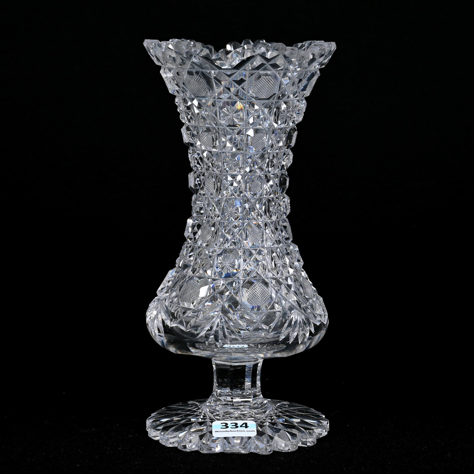 Pedestal Vase, American Brilliant Cut Glass: Pedestal Vase, American Brilliant Cut Glass, 8" x 4", Harvard Pattern, Scalloped Hobstar Foot, Nice Form, Patricia (Pat) Van Carpels Collection.