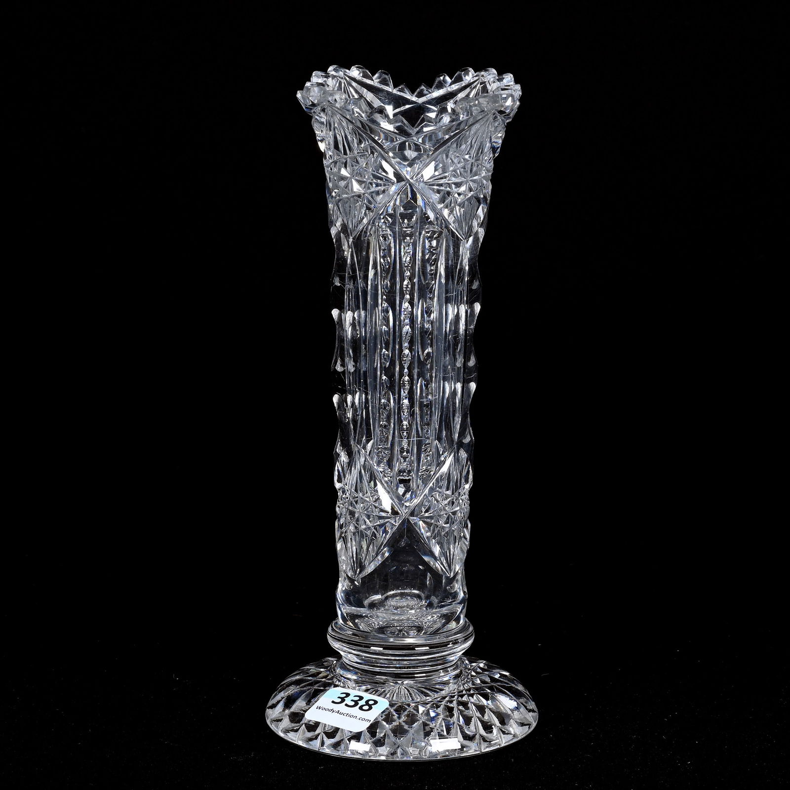 Pedestal Vase, American Brilliant Cut Glass: Pedestal Vase, American Brilliant Cut Glass, 8" x 3.25", Hobstar, Prism And Bullseye Motif, Hobstar Foot, Patricia (Pat) Van Carpels Collection.